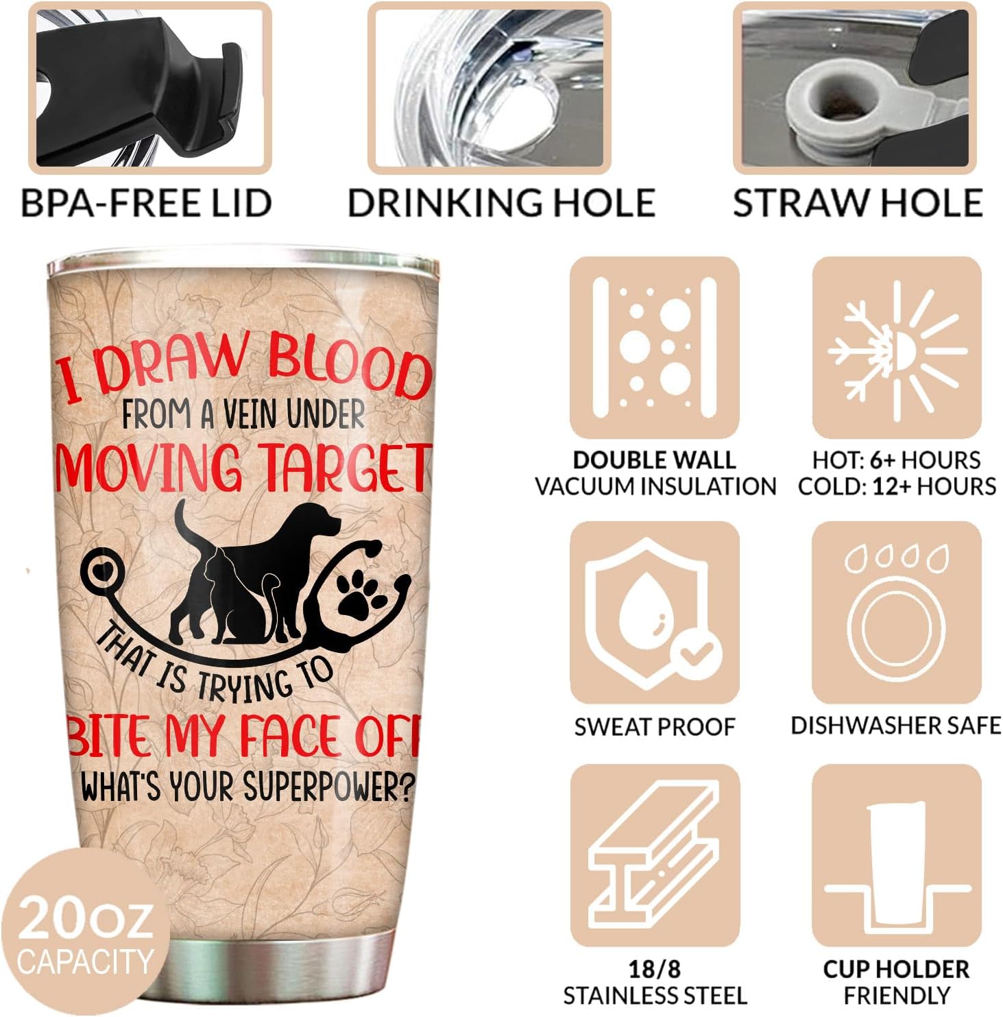 Funny Veterinary Technician Gifts - Vet Med Tumbler Stainless Steel 20oz Straw Lid, Vet Tech Appreciation Week Gift for Women Student Assistant Veterinarian Coffee Cups (VM04) - Image 3