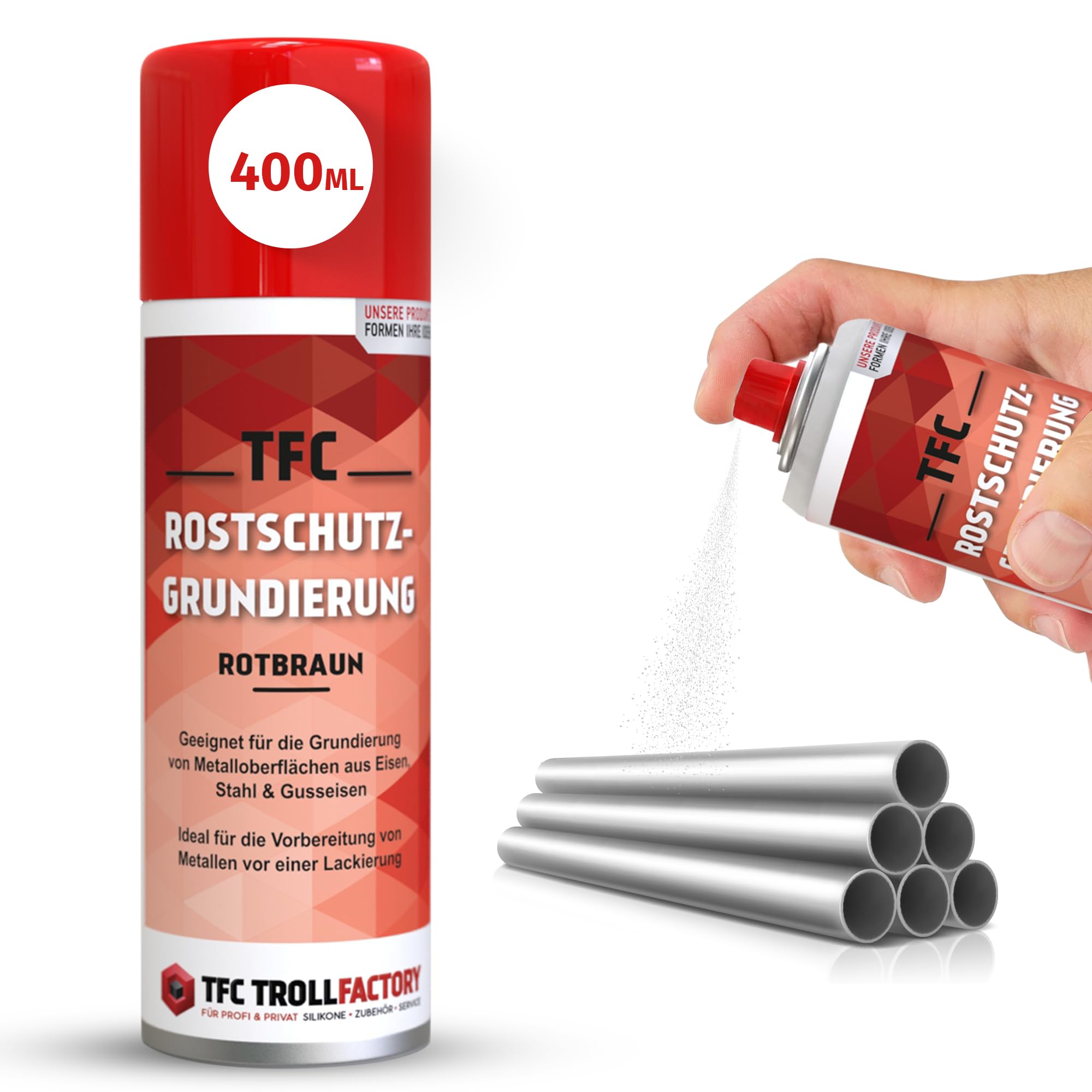 TFC spray antykorozyjny, bardzo skuteczny, szybkoschnący spray antykorozyjny, odporny na zarysowania, możliwość ponownego lakierowania, odporny na rdzę w kolorze czerwono-brązowym, do użytku wewnątrz