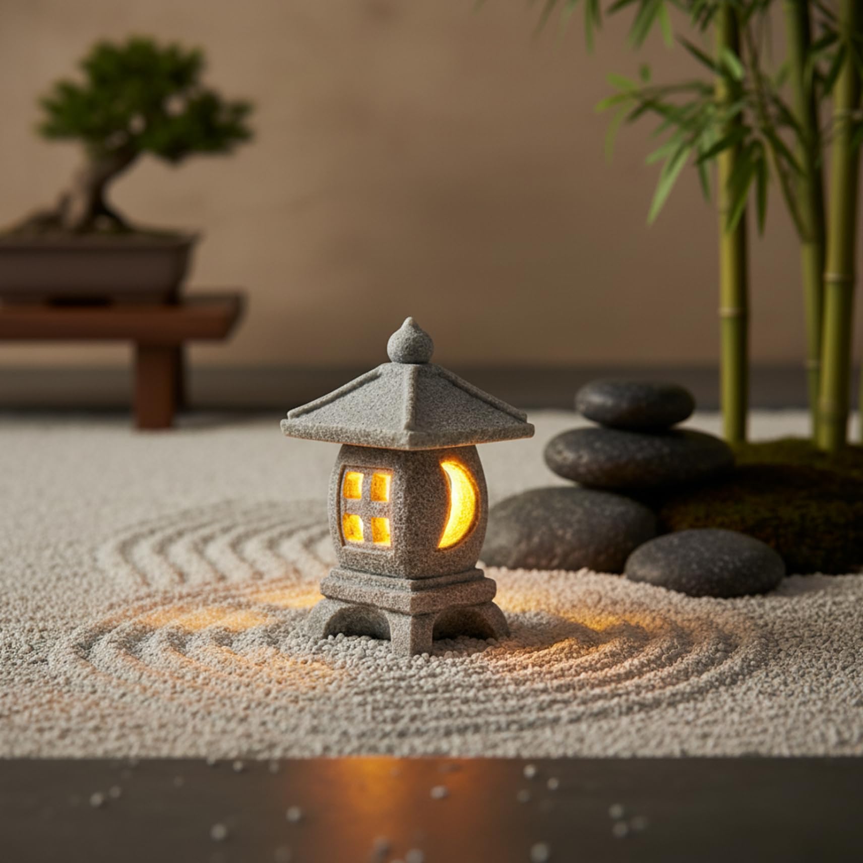 Statua da giardino a pagoda da 3 pezzi con luce LED calda, mini lanterna con texture in pietra realistica, decorazione da giardino giapponese e figurine bonsai
