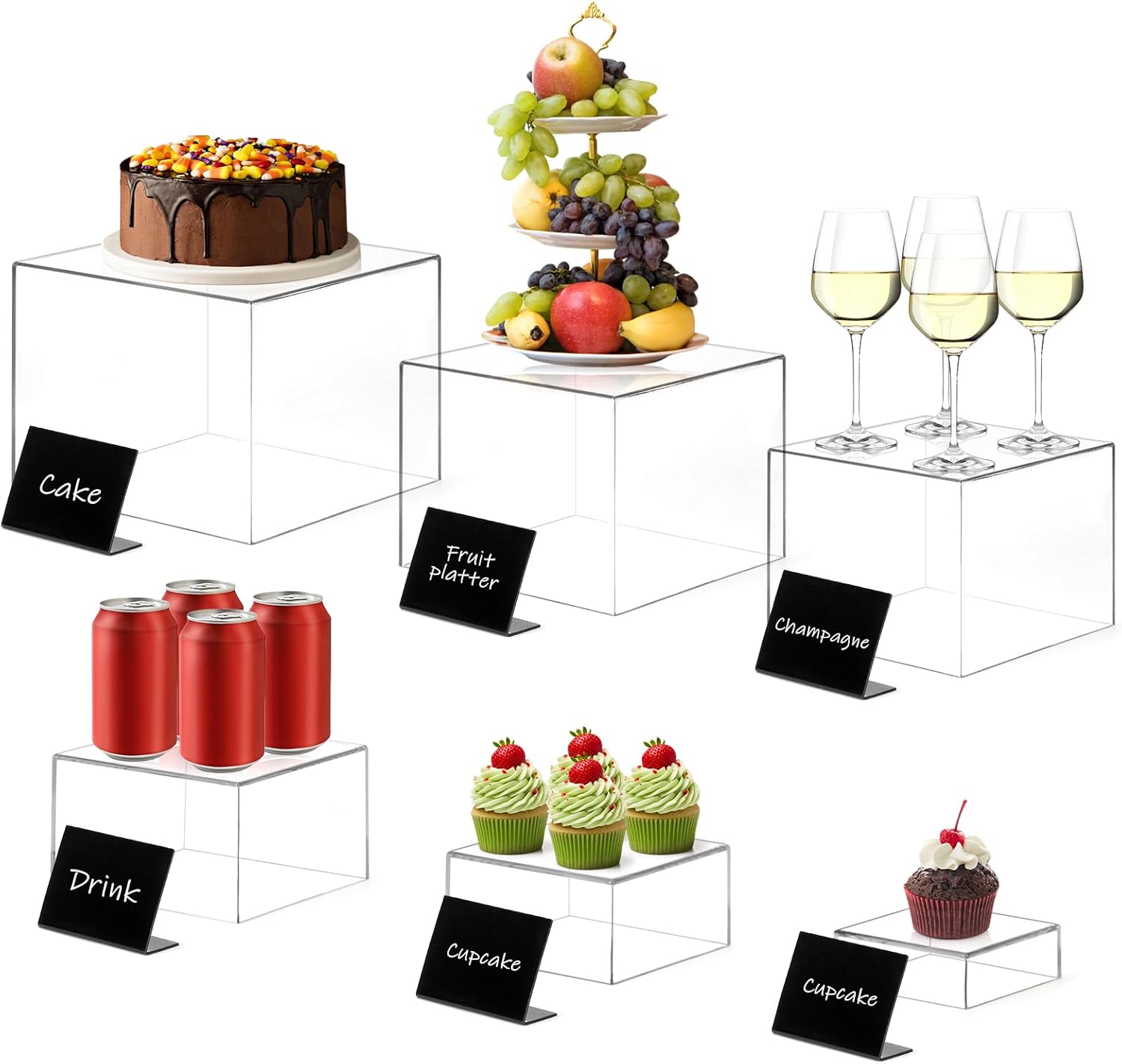 Top-spring Buffet Risers 6Pcs Food Risers for Buffet Table Acrylic Risers Display Stands Dessert Cake Stands for Party Catering, Buffet Risers and Stands for Food Display (Clear 8",7",6",5",4",3")
