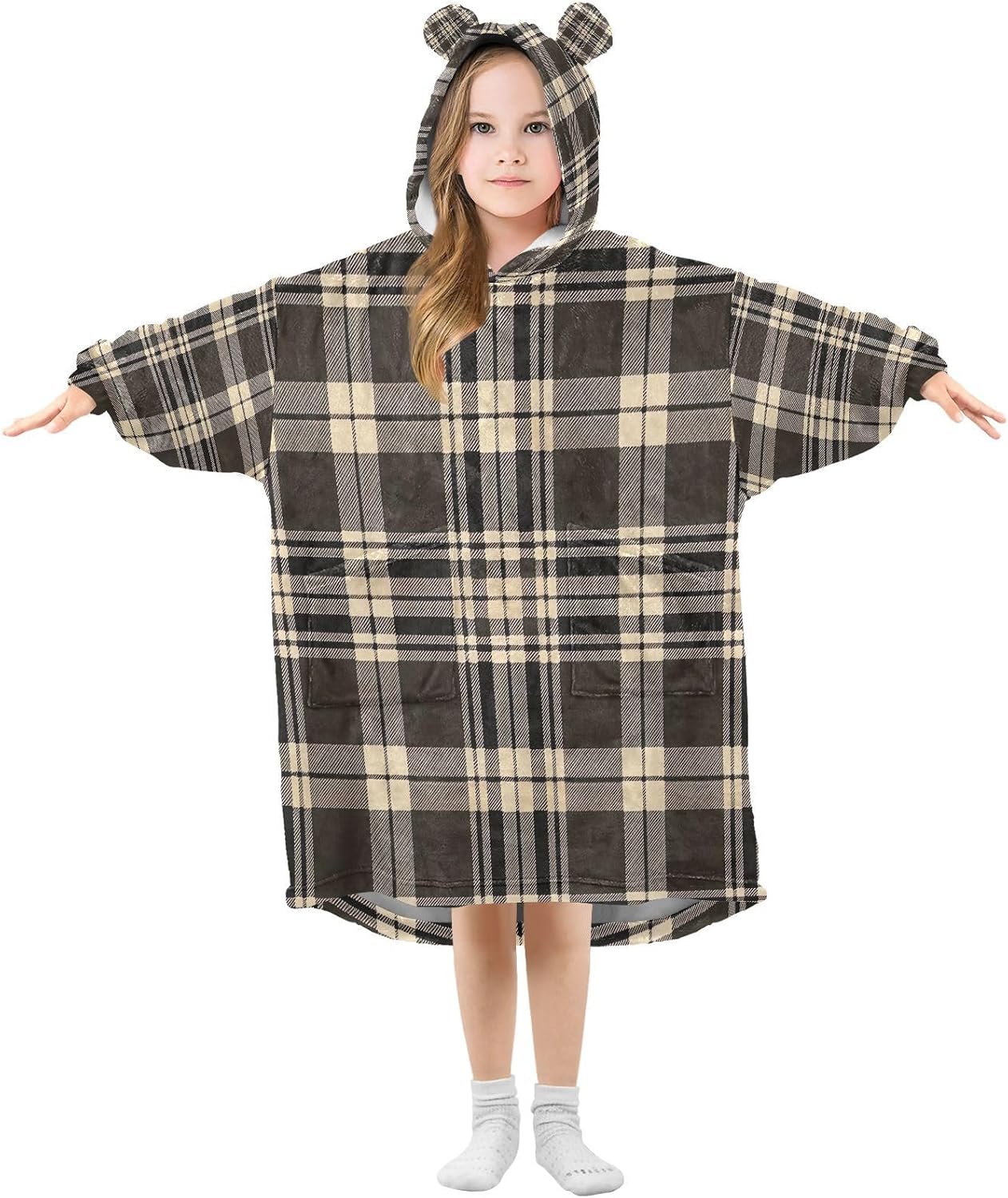 Kigai Tartan Plaid Wearable Blanket Hoodie for Kids Oversized Hooded Blanket Warm & Cozy Sweatshirt with Pockets