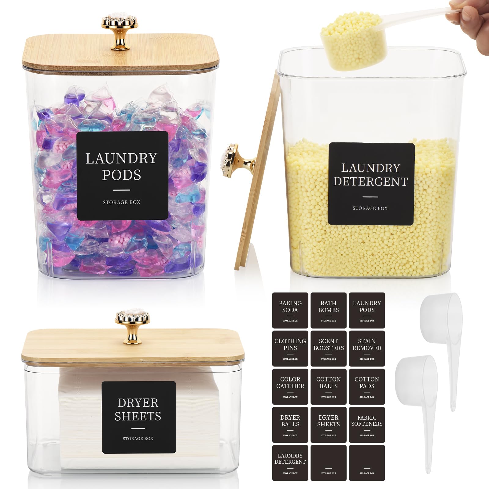 3 Pack Laundry Room Organization and Storage Containers,GlintGath Laundry Pod Containers & Dryer Sheet Holder with Spoon and Labels for Laundry Detergent Organizer