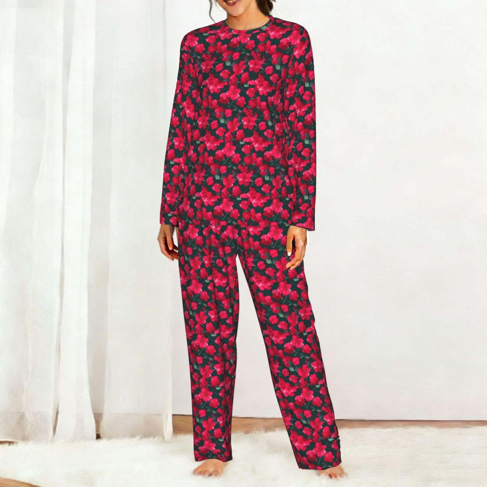 Pigiama da donna a maniche lunghe con stampa floreale rosa rosso e rosa, ideale per vacanze e yoga, uscite casual, comodo regalo
