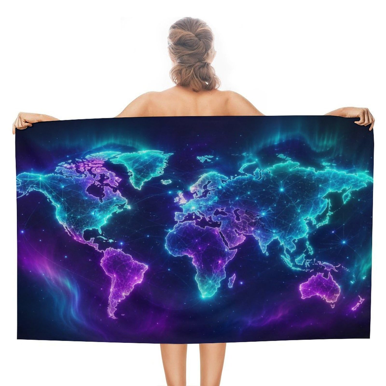 Anceky Glowing World Map Neon Oversized Beach Towel Quick Dry Sand Free Microfiber Travel Towel Lightweight Multi Purpose Beach Blanket Pool Gym Bath Towel 51x31 in