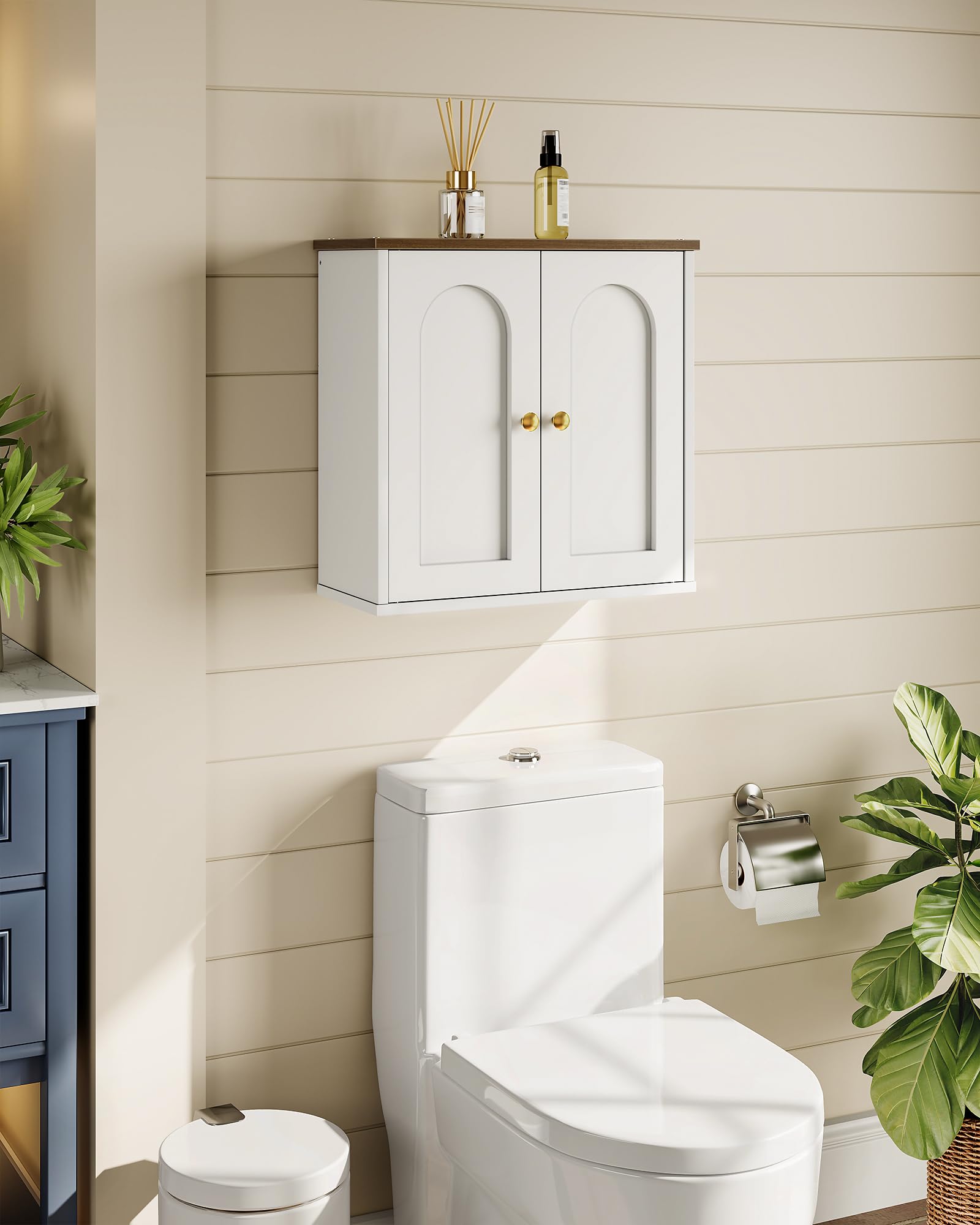 CHOEZON Armario de Baño de 40x18x40 cm, Armario de Baño sobre Pared con Estantes Ajustables, Mueble Colgante Estilo Rústico, para Baño, Cocina, Sala, Dormitorio, Blanco y Nogal