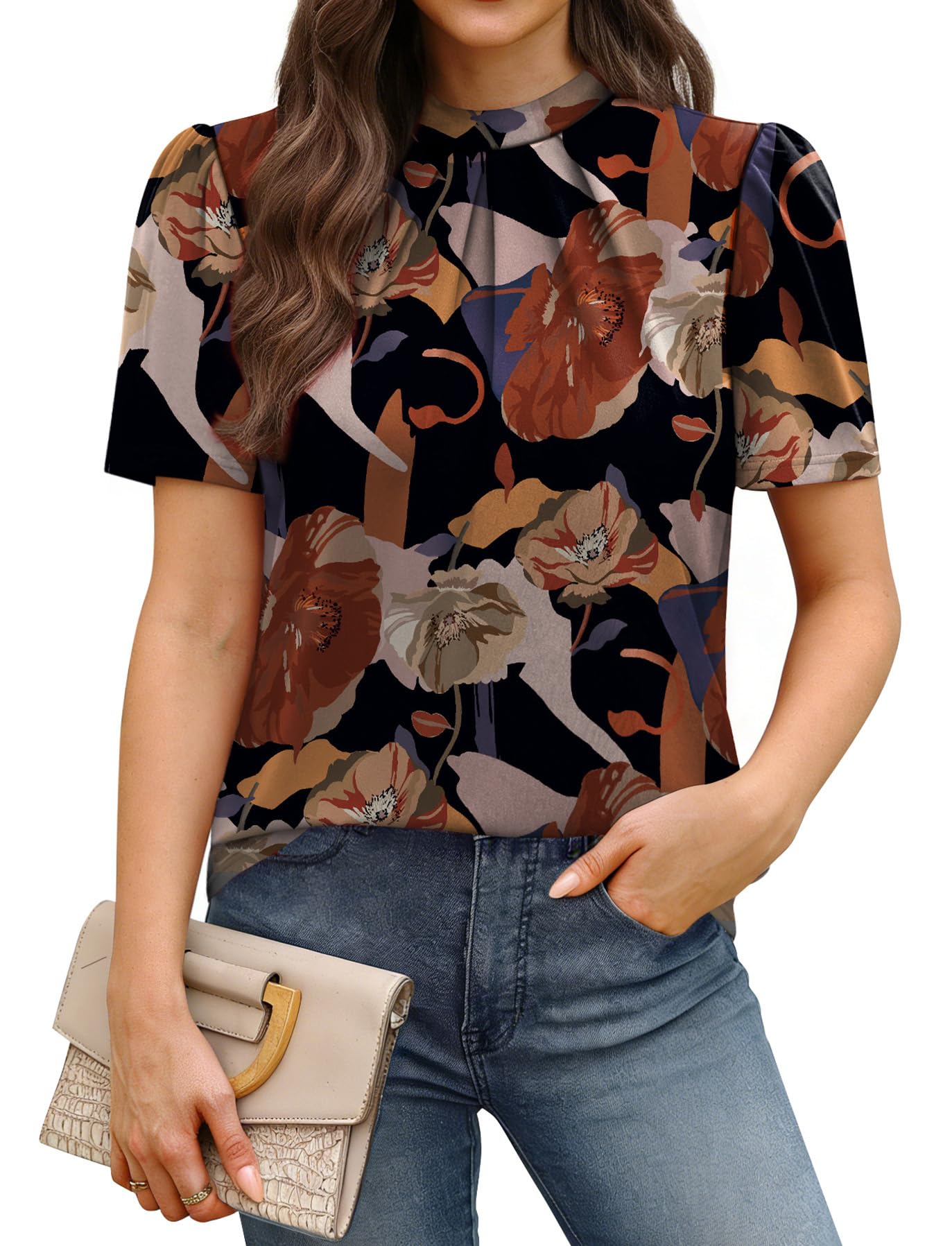 WIHOLL Womens Tops Short Puff Sleeve Shirts Mock Neck Pleated Spring Blouses Dressy Casual Business Casual Summer Outfits — view 18