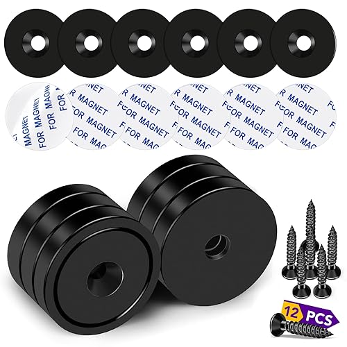 TRYMAG Imanes resistentes  80 libras, paquete de 6 con agujeros, almohadillas de acero, neodimio, tornillos para montaje en pared, respaldo adhesivo