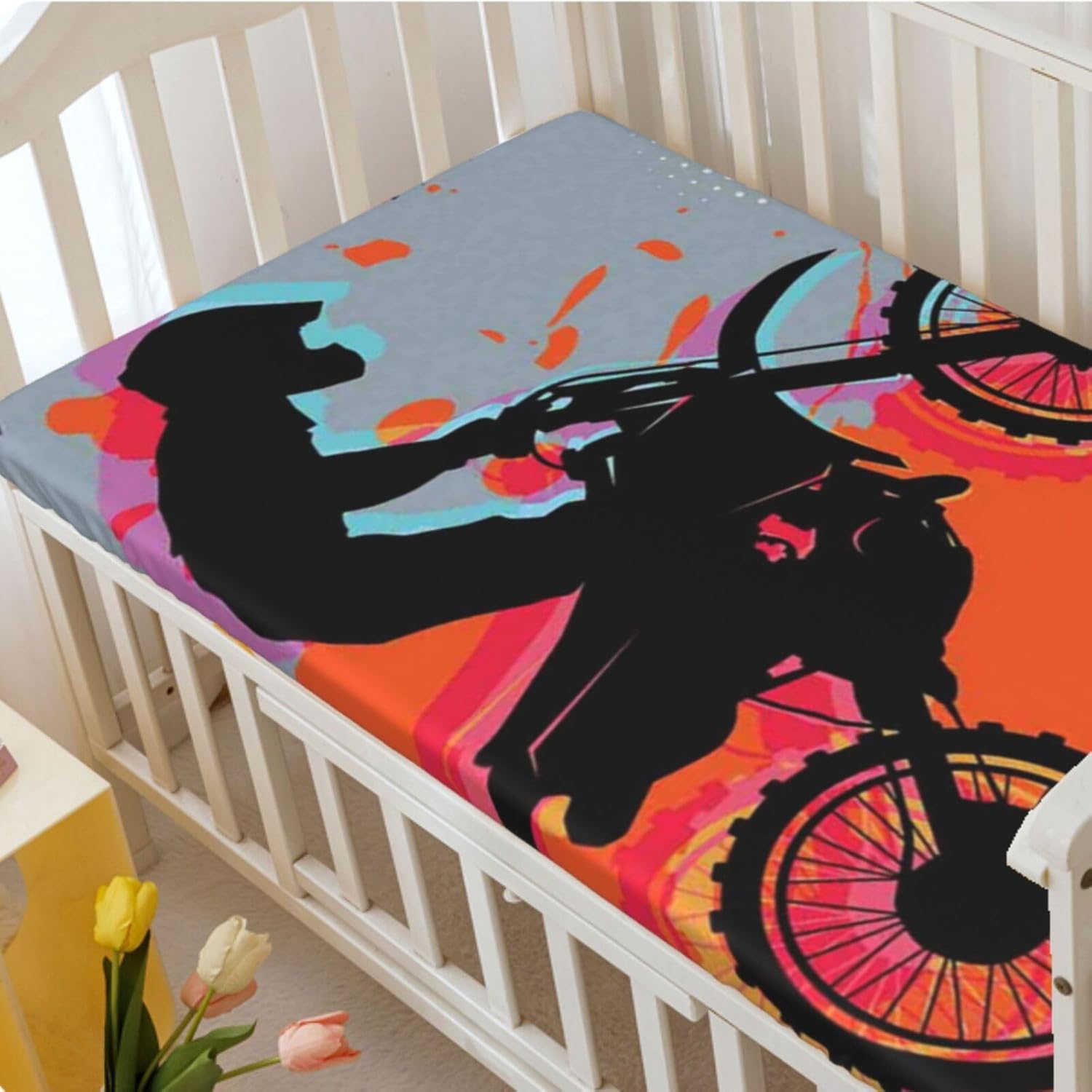Dirt Bike Themed Fitted Crib Sheet,Standard Crib Mattress Fitted Sheet Soft and Breathable Bed Sheets - Crib Mattress Sheet or Toddler Bed Sheet,28“ x52“,Orange