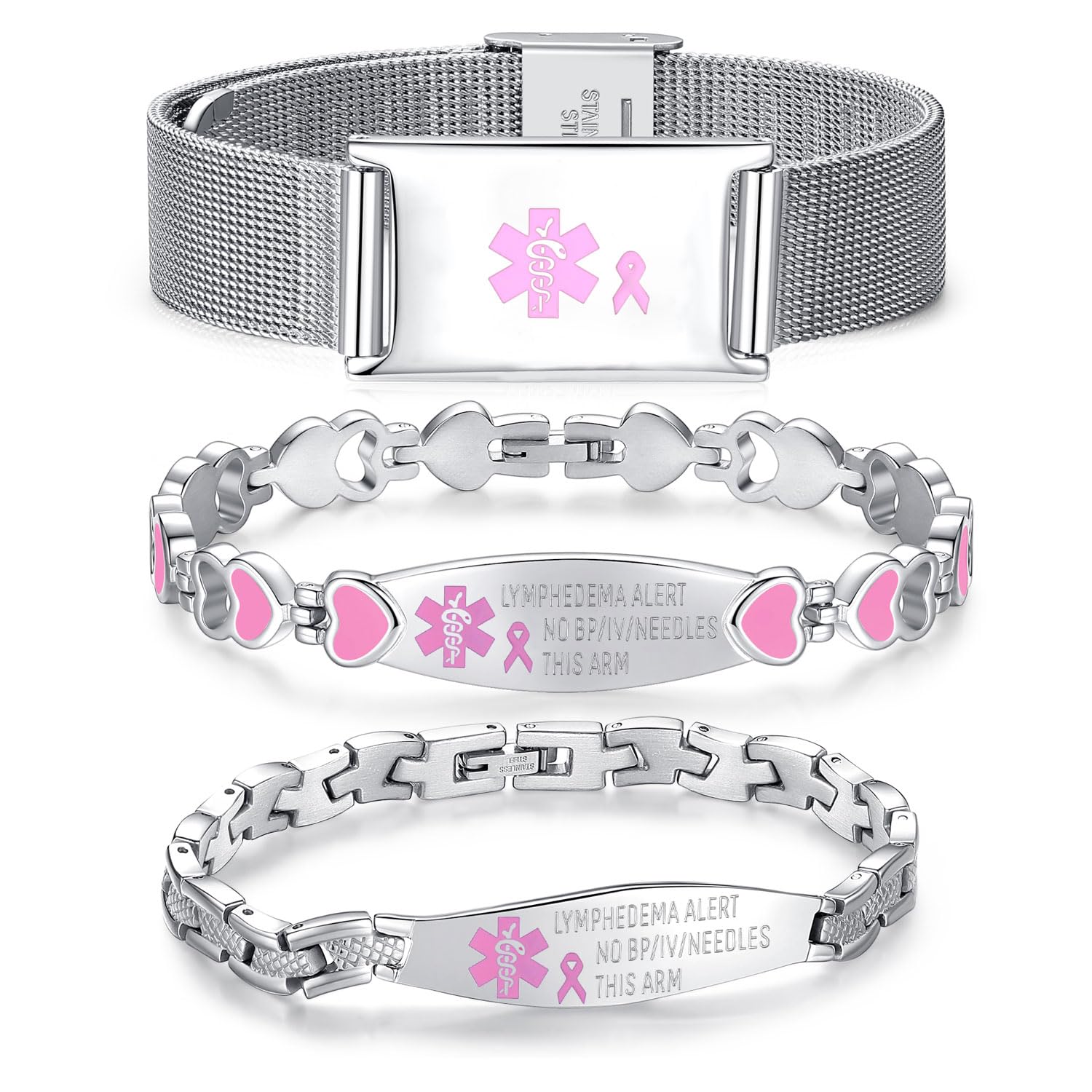 LinnaLove Lymphedema Alert Bracelets no bp/iv/needles this arm Stainless Steel Medical id Bracelets for Women