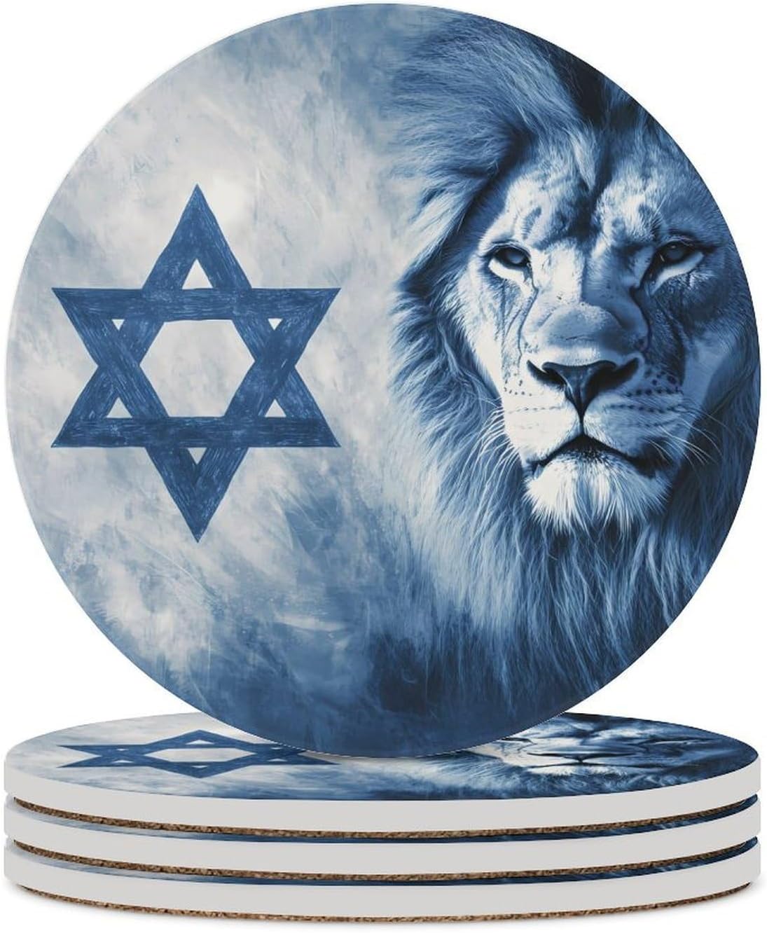 Israeli Symbol Star Lion Flag Round Ceramic Coasters Print Drinks Absorbent with Cork Base for Home Decor Gifts 4 Inch