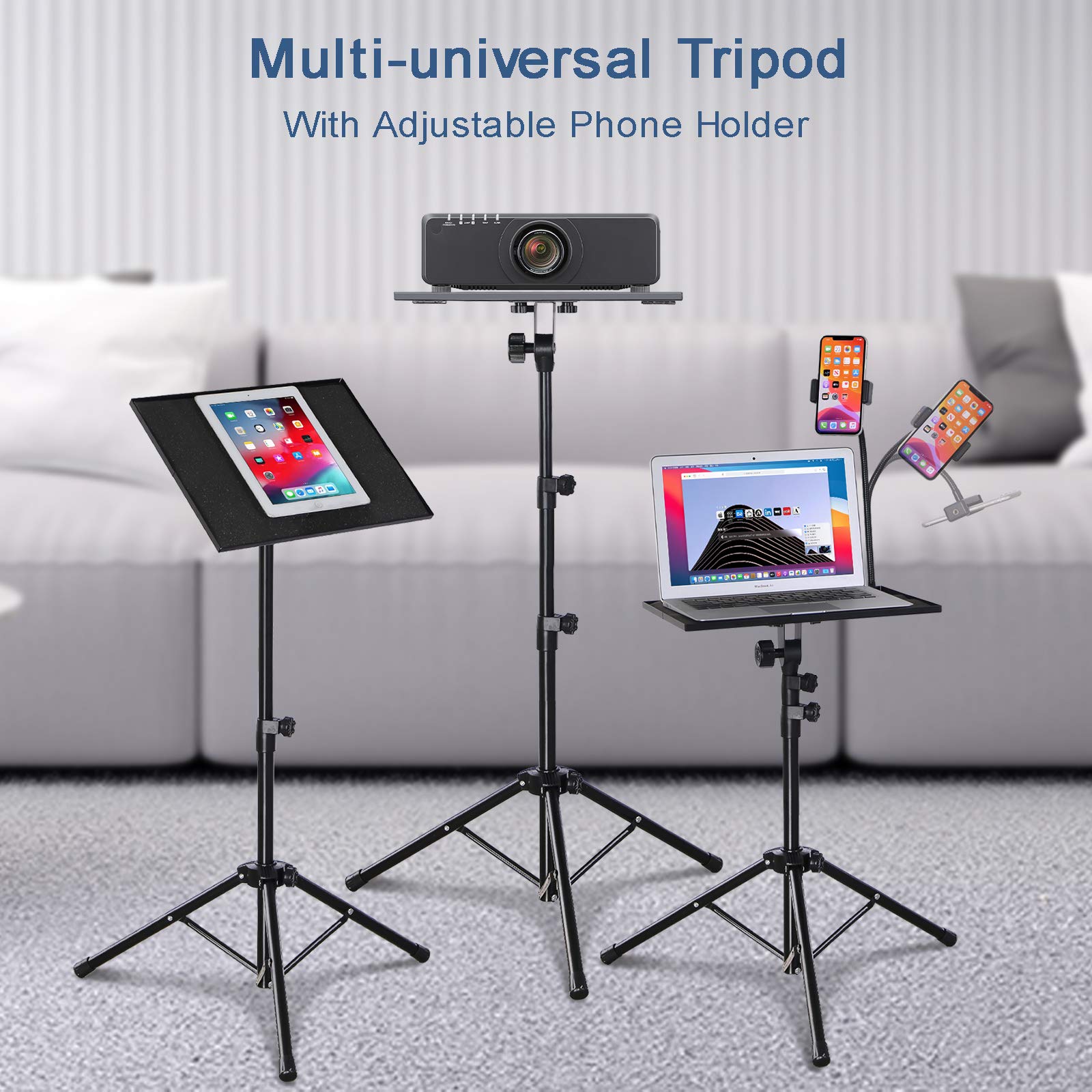 Laptop Tripod, Laptop Stand, Projector Tripod Stand with Gooseneck Phone Holder, Adjustable Height & Foldable Music Stand, Portable Tripod Stand Suitable for Laptop, Projector, DJ Equipment, office