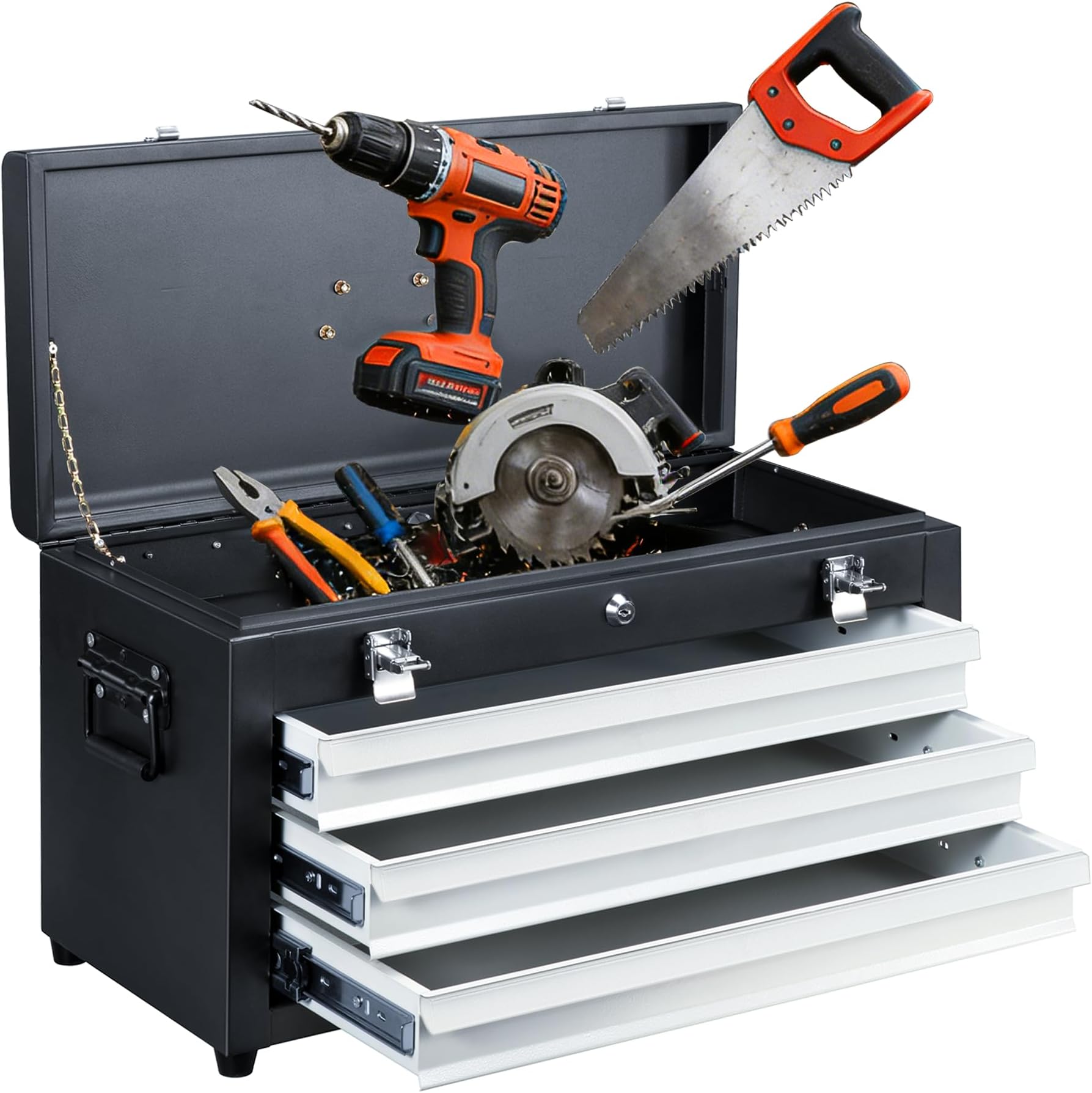 3 Drawers 22" Portable Metal Tool Box, Heavy Duty Toolbox with Double Locking System & Unique Built-in Drawer Lock, Tool Chest Organizer for Workshop, Garage, DIY Office Storage