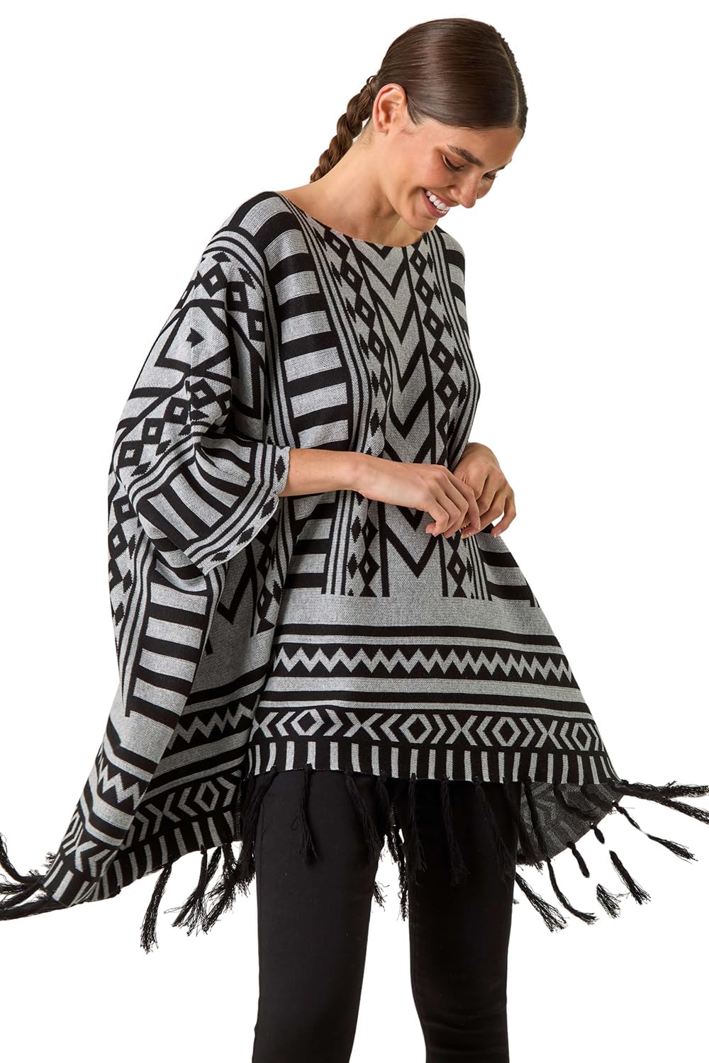 Roman Originals Women's Grey Black Roman Hooded Fringed Knitted Poncho For Uk - Autumn Everyday Winter Holiday Round Neckline Comfy Sleeveless Soft Asymmetric Hem Shawl Daywear Capes - Size Lxl
