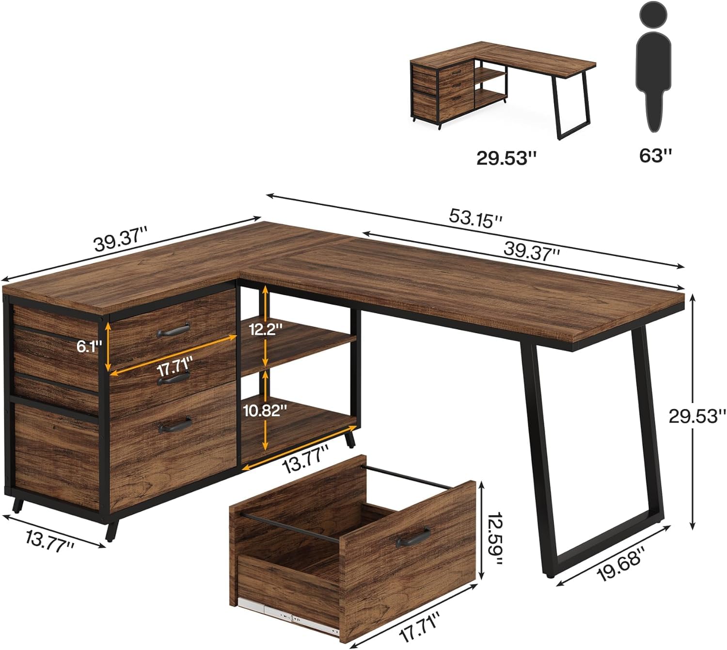 Lailang 134cm Scrivania, Tavolo Angolare, Scrivania Con Cassetti, Scrivania In Legno, Scrivania Studio Casa, Scrittoio Vintage, 134 x 50 x 74 cm, Marrone Rustico Nero