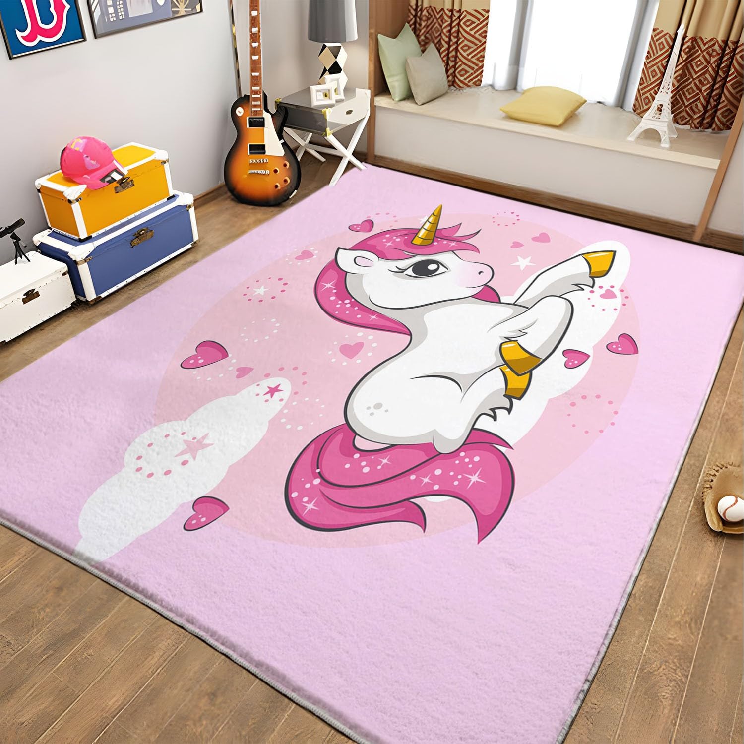Tapis poil ras licorne rose 160x230cm lavable en machine pour une chambre d'enfant moderne