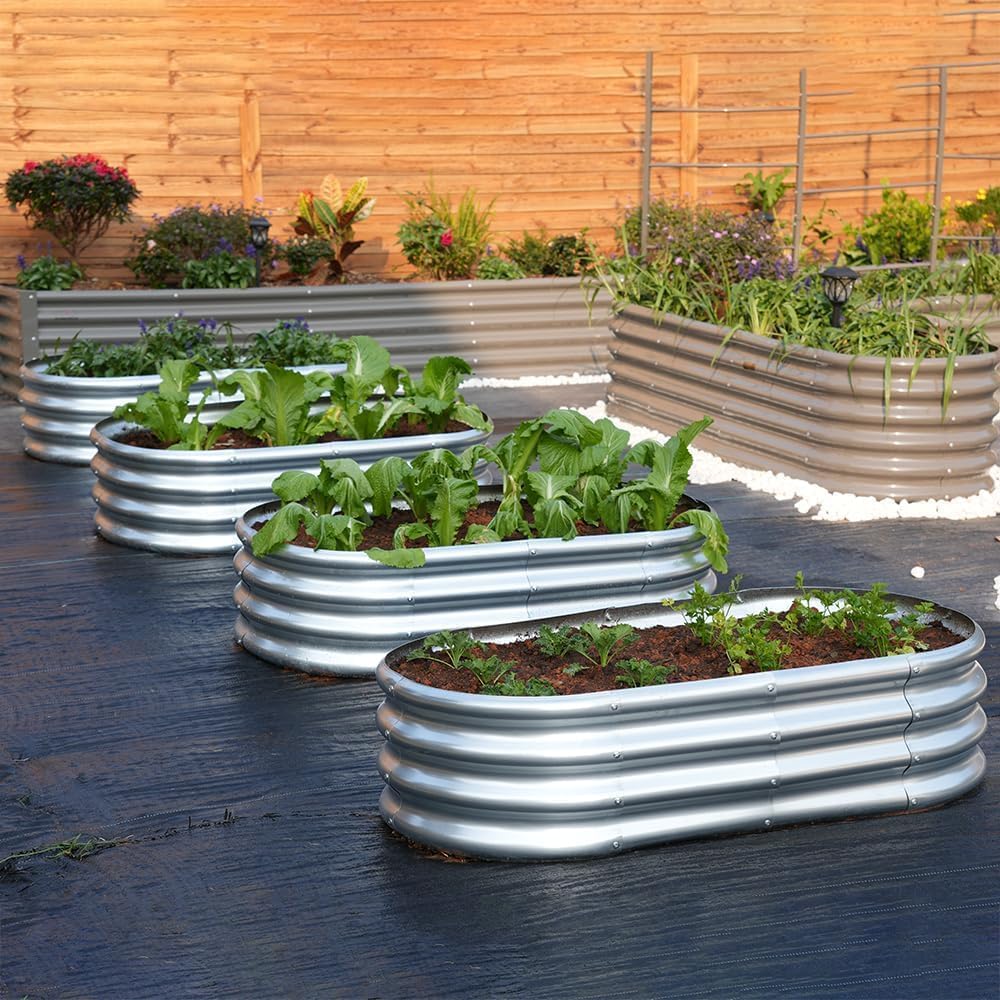 LATERN 2 Piezas Cama de Jardín Elevada, 120CM x 60CM x 30CM Acero Galvanizado Sin Fondo Jardín Elevado Cama para Exterior Cultivo Plantas Vegetales Flores Hierbas (con Kit de Instalación, Plateado)