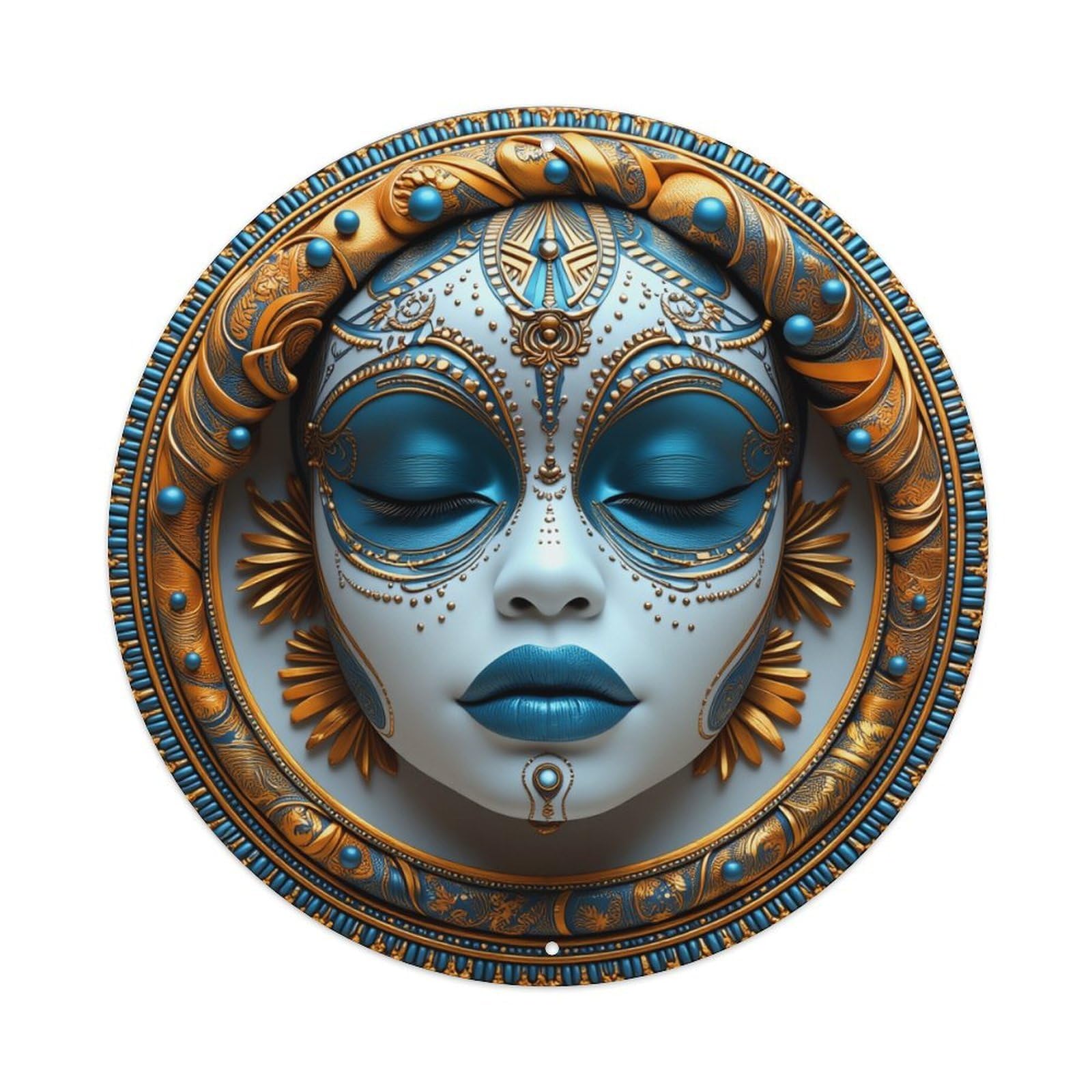 Ornate Blue Gold Mask Design Round Tin Sign Vintage Metal Poster, Home Bar Garage Man Cave Cafe Indoor & Outdoor Wall Decoration 8x8Inches