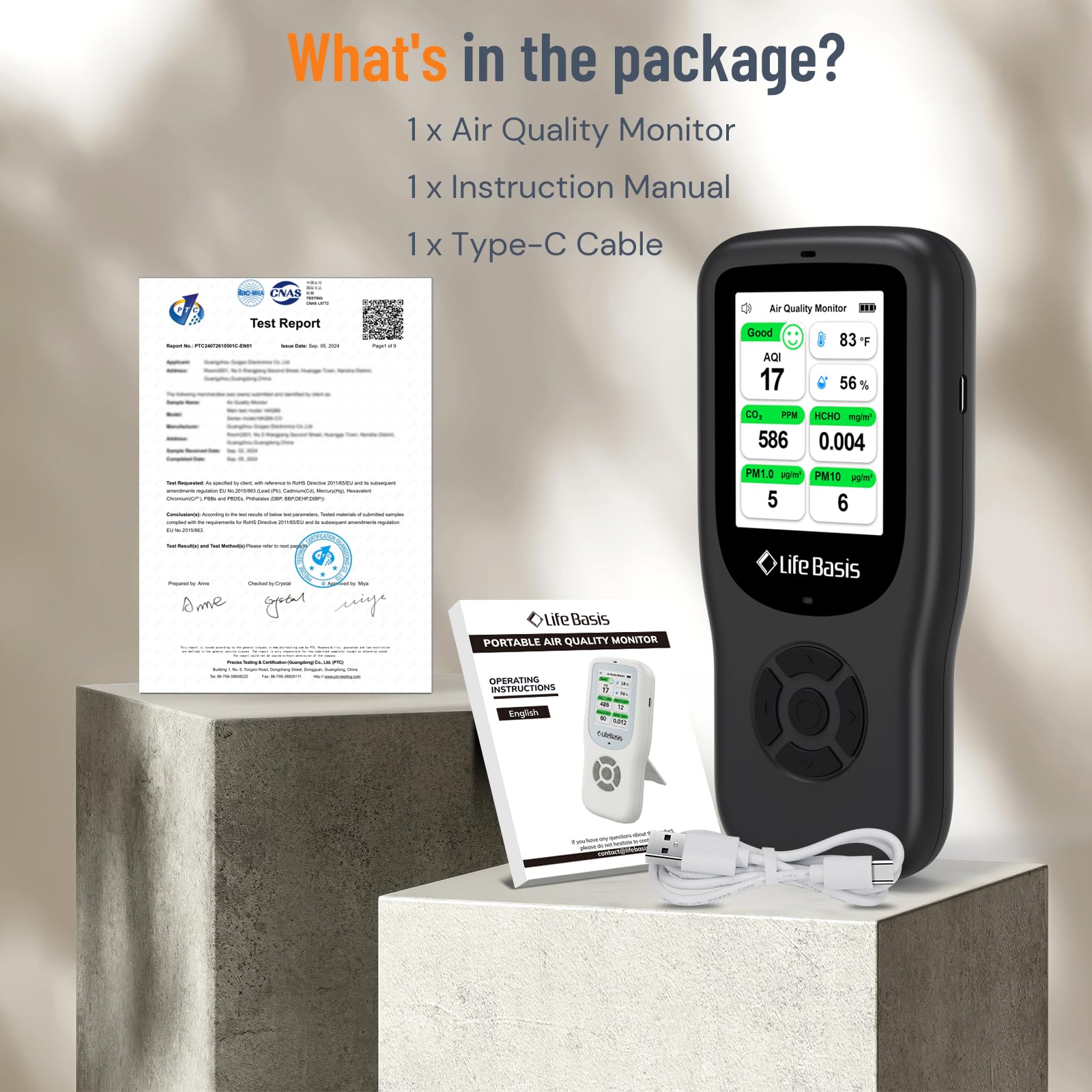 LifeBasis Détecteur CO₂ NDIR & Moniteur de Qualité de l'Air Intérieur 11-en-1 – PM1.0, PM2.5, PM10, TVOC, HCHO, AQI, Température et Humidité – 5 Capteurs Haute Précision – Maison, Bureau, École
