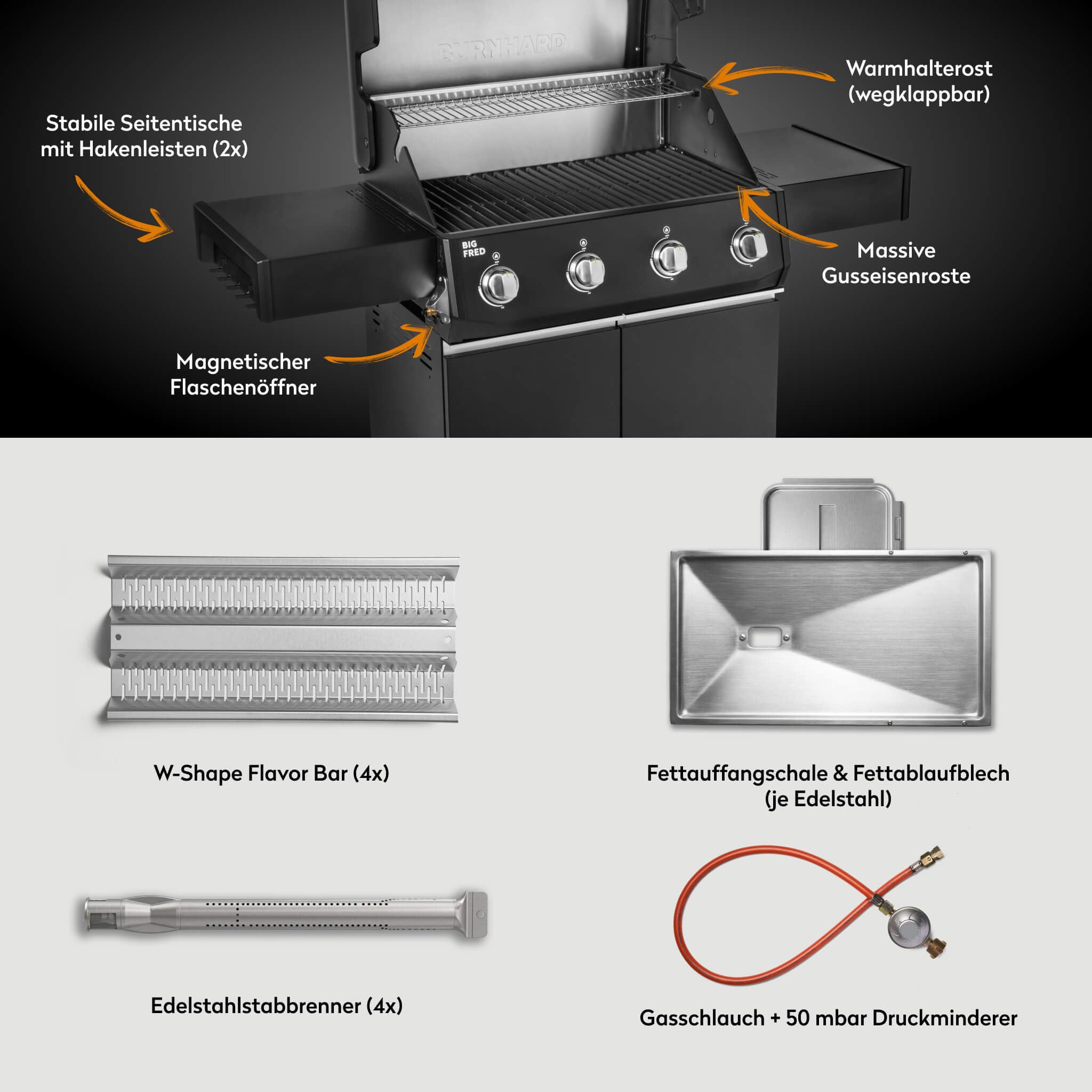 BURNHARD® Gasgrill 4-Brenner, 15 kW, 4 Edelstahlbrenner, Piezo-Zündung, große Grillfläche 70x41,5 cm, Gussrost, für bis zu 15 Personen, Outdoor BBQ – Big FRED Base