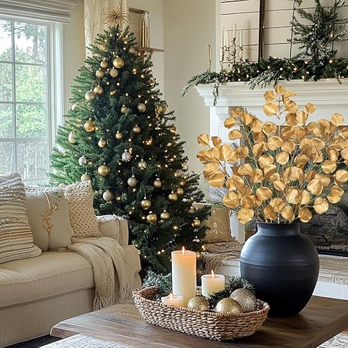 Miniatura 9 de Hollyone 12 agujas de pino artificiales con purpurina, ramas de pino de 13 pulgadas, follaje de Navidad, tallos de pino, hojas de champán, agujas de