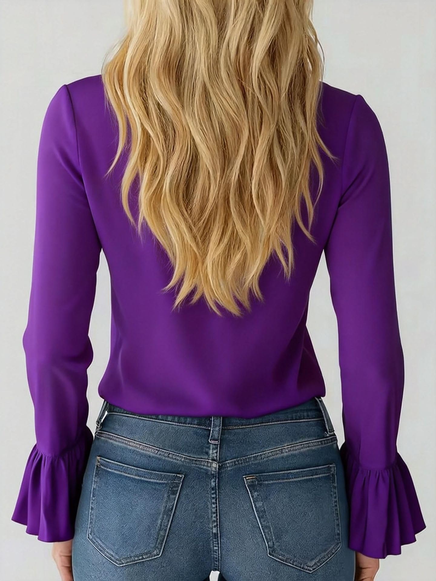 Elegante blusa de gasa con cuello en V y volantes para mujer, manga larga, con volantes, lazo frontal, cuello con volantes, blusa de gasa