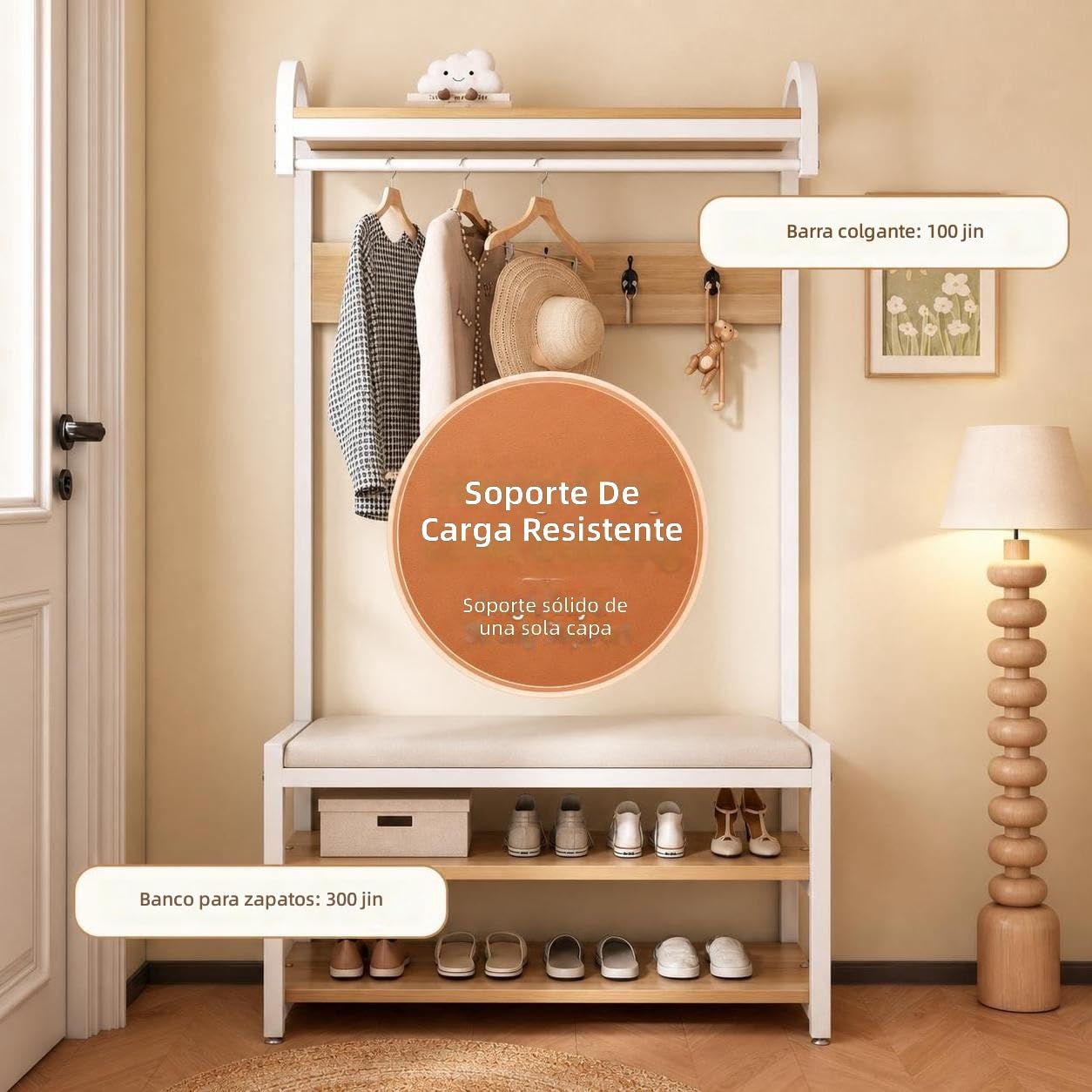 Árbol de Recibidor Multifuncional con Perchero, Zapatero y Banco Acolchado, Organizador de Entrada de Madera de Ingeniería para Recibidor y Sala de Estar, Mueble de Almacenamiento