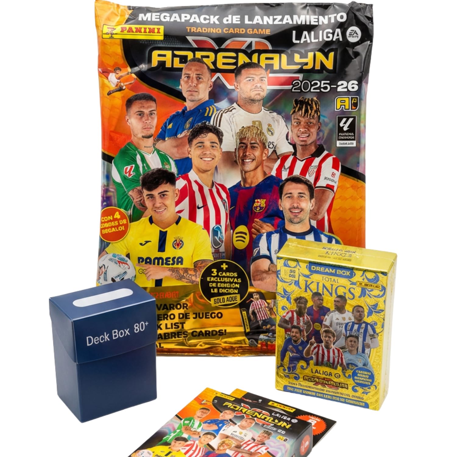 Panini Adrenalyn XL Laliga 2025-26, Megapack de Inicio, Dream Box Total Kings, Blíster con 8 Sobres y Deck Box de Regalo