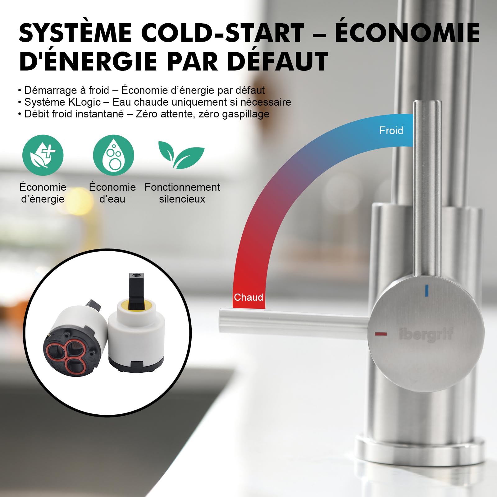 Ibergrif Robinet Cuisine, Mitigeur Cuisine Avec Douchette Extractible, Robinet D'Évier À Arc Élevé Rotatif À 360°, Avec Deux Fonctions De Pulvérisation, Acier Inoxydable, M22143A