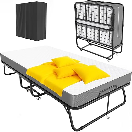 Pataku Folding Bed with Mattress, Foldable Twin Bed, Roll Away Beds for Adults, 75" x 31" Portable Roll Away Guest Beds with 5" Mattress, Folded Frame for Guest Room, Small Apartment