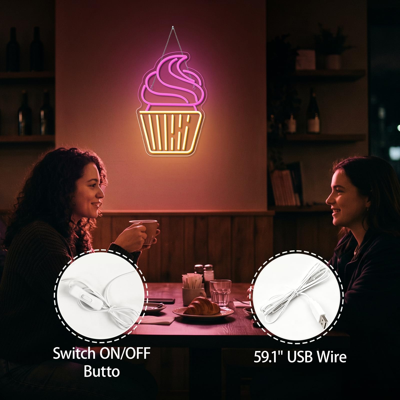 Letrero de neón para magdalenas, luces LED de neón rosa y blanco cálido para decoración de pared, letreros de luz USB para panadería, postres, tiendas, restaurantes, bares, cafeterías