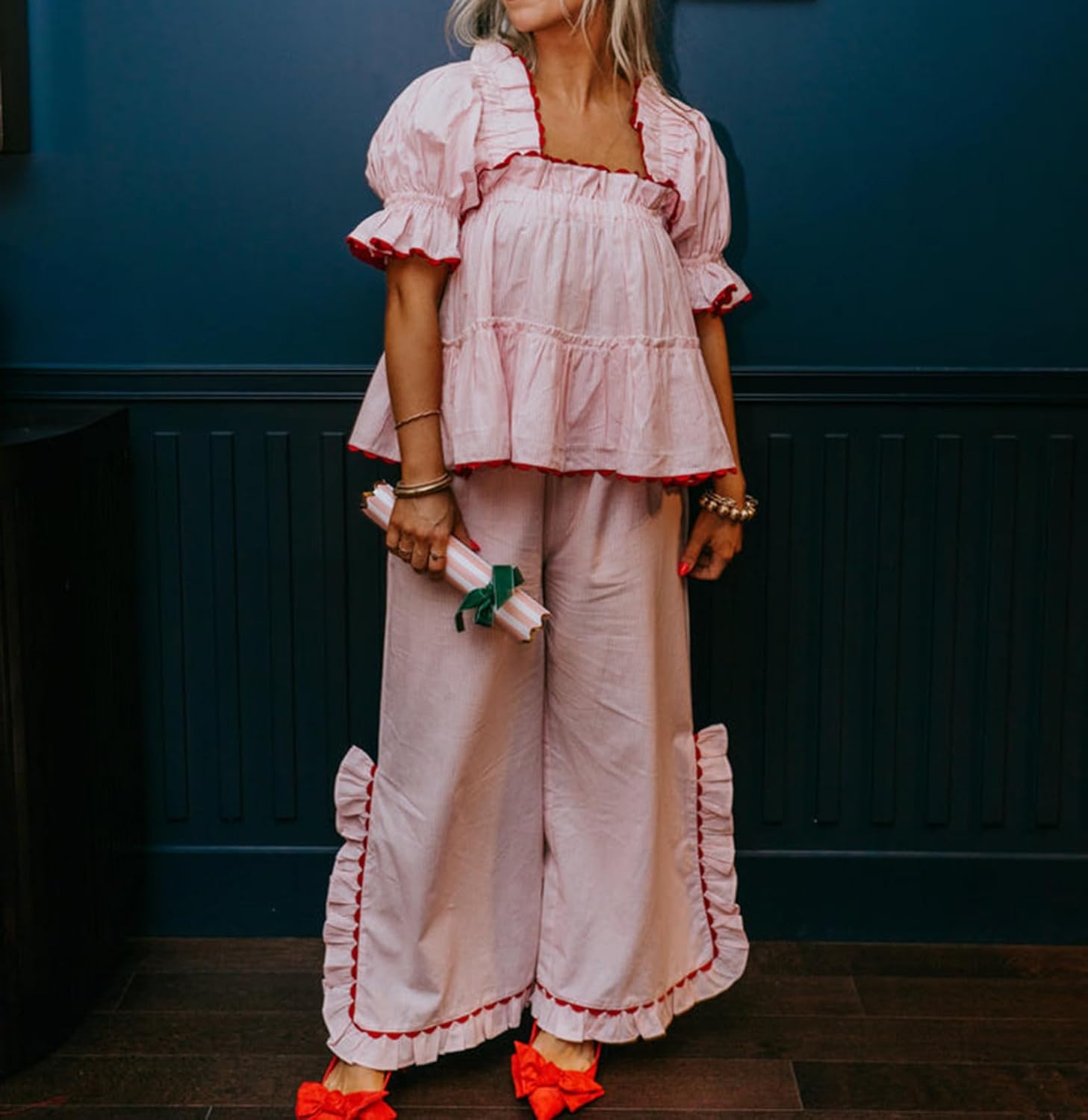 Women Christmas Gingham Pajama Set Puff Short Sleeve Plaid Babydoll Blouse Ruffle Wide Leg Pants Pjs Lounge Set - Image 2