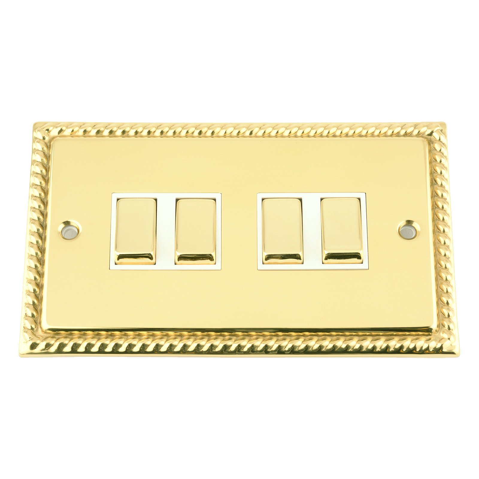 A5 Products Gold Light Switch 4 Gang - Georgian Polished Brass - White Insert - Metal Rocker Switch - 4 Gang 2 Way 10 Amp