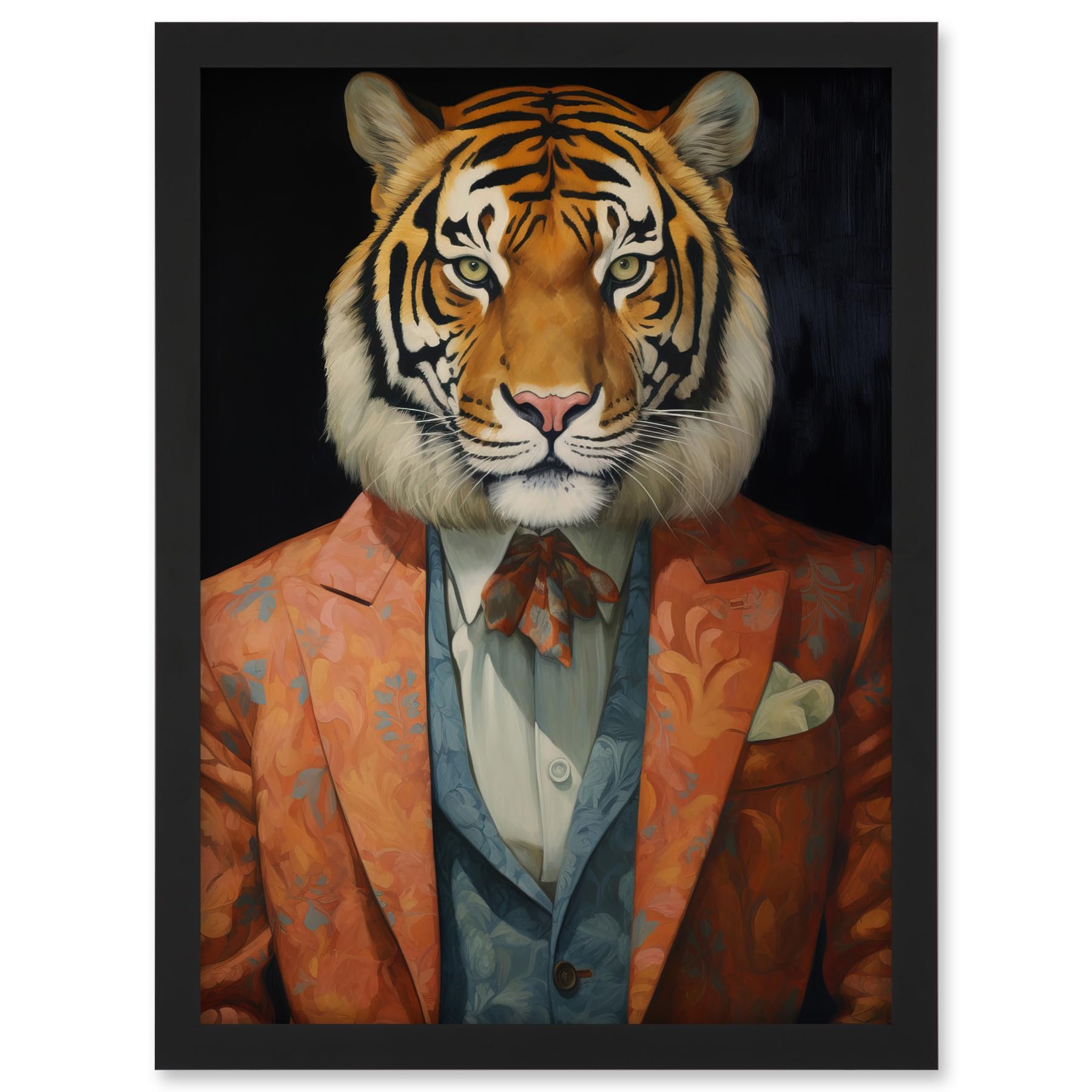 Artery8 Tiger About Town Artwork Coral Pink and Cerulean Blue Suit Conceptual Portrait Artwork Framed A3 Wall Art Print