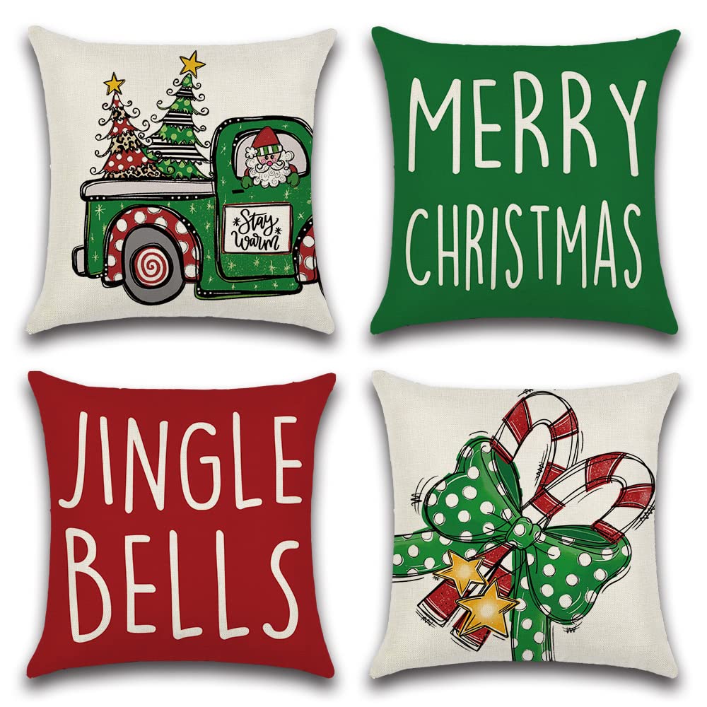 JOTOM Fundas de Cojín de Navidad,Fundas de Almohada para Decoración de Navidad para Sofá, Hogar, Sala de Estar, Dormitorio de Casa de Campo,Juego de 4 (50x50cm, Camión)