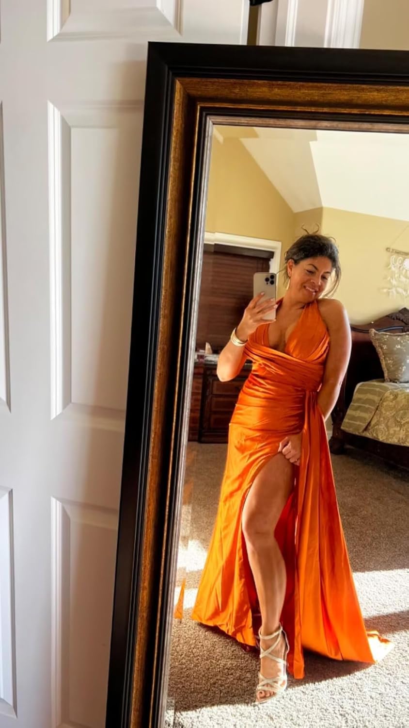 Ruched Long Bridesmaid Dresses with Slit V-Neck Prom Dress for Women Satin Formal Party Dresses