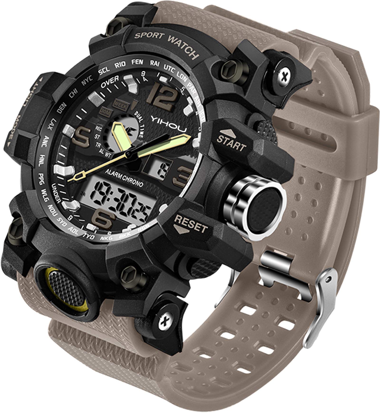 YihouMen's Watches Military Sports Electronic Waterproof LED Stopwatch Digital Analog Dual Time Outdoor Army Wristwatch Tactical