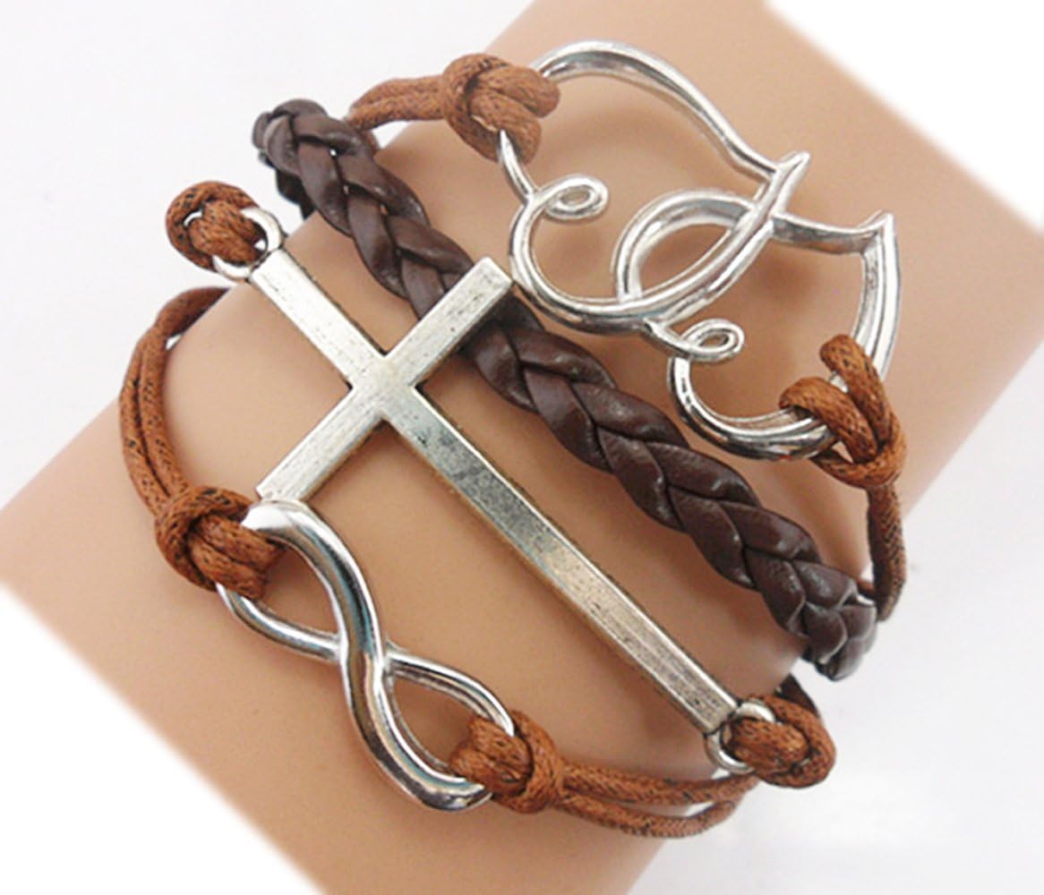 Handmade Infinity Soccer Wolf Owl Cross Heart Birds Healing Dragon Dog Believe Heart Dragonfly Sister Friendship Gift Leather Bracelet for Girl Women (ACU-B-IB-111027)