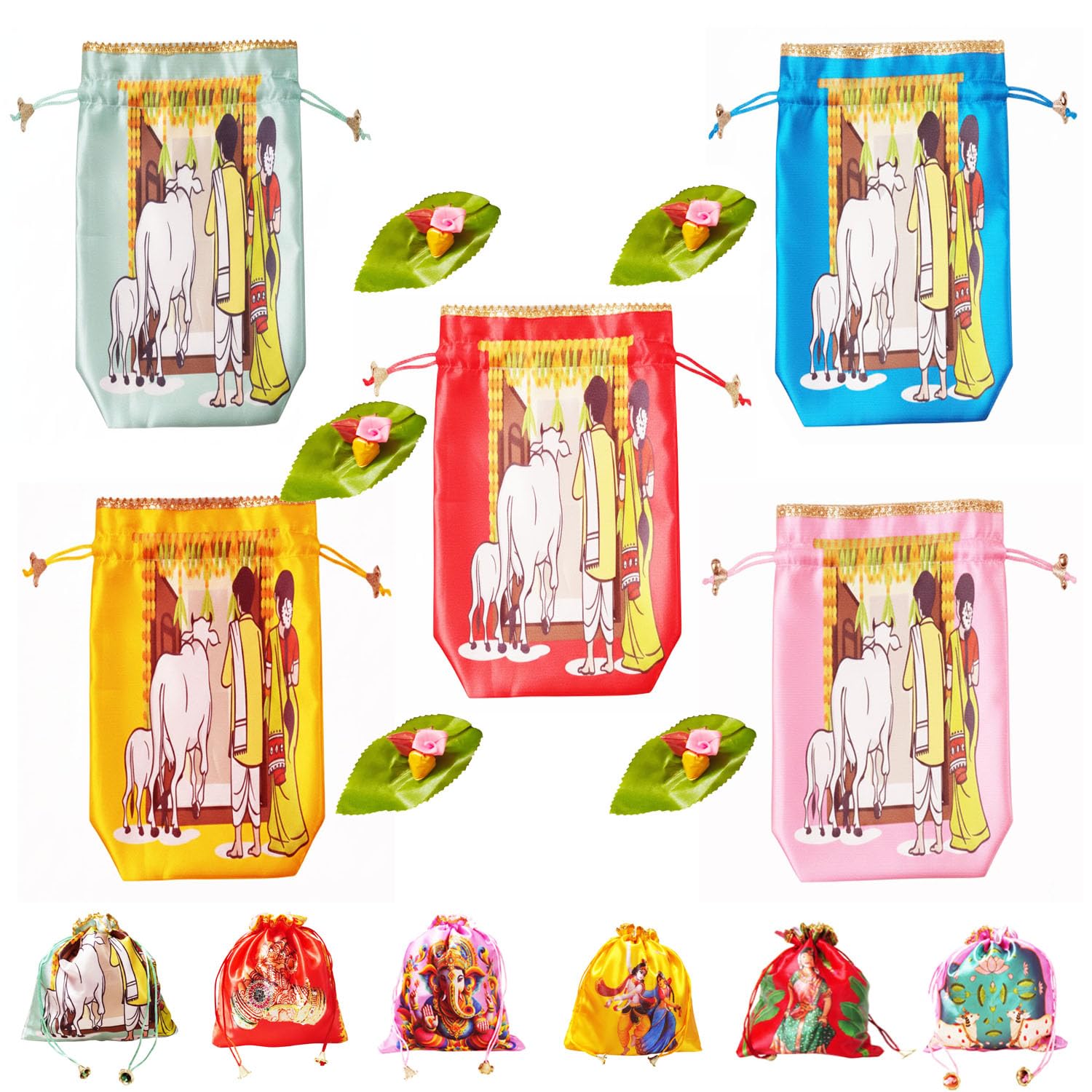 niskanet (20 x 25 cm) drawstring closure potli bags with leaf & haldi kumkum pouches sets for pooja, weddings, return gifts, jewellery, functions & festivals