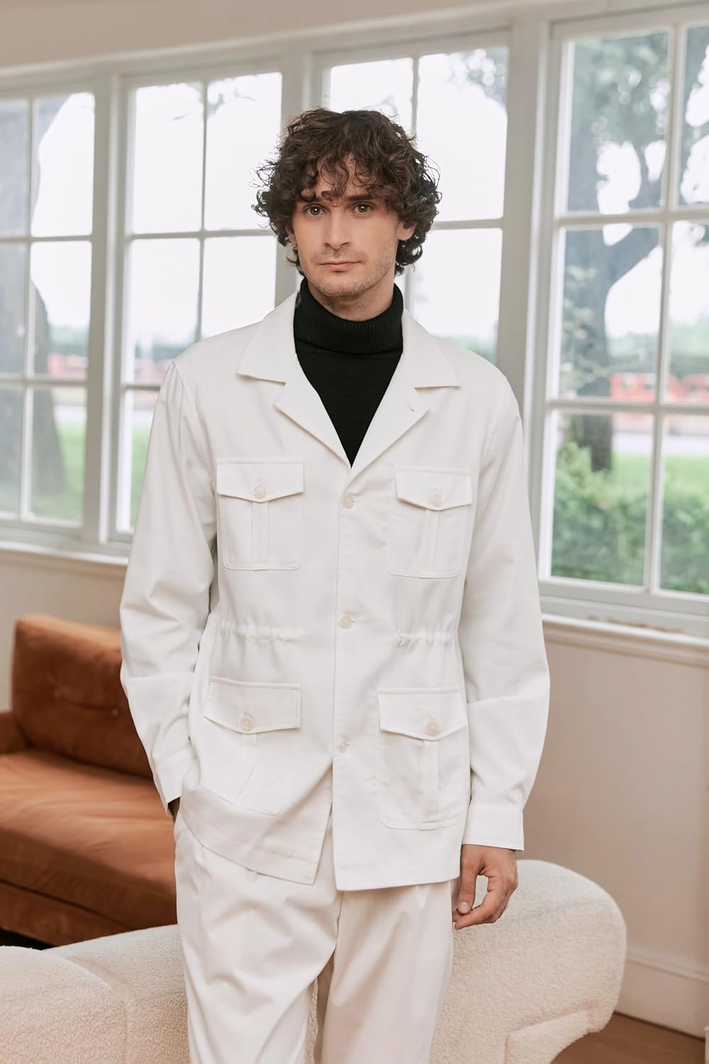 Betusline Men's Safari Linen Jacket Casual Long Sleeve Military Lightweight Cargo Jacket with Pockets - Image 3