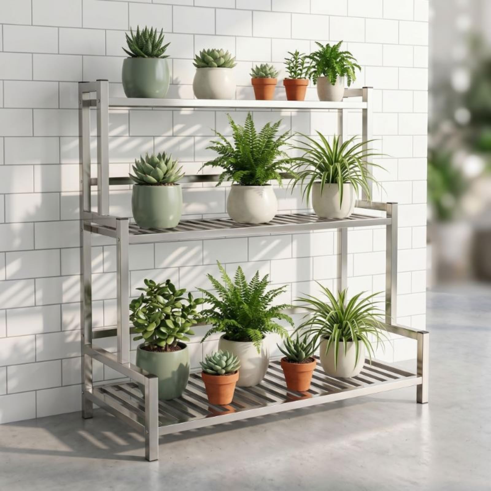 1 Porta Piante in Acciaio Inox Portavasi Scaffale Fioriera con Ruote a Doppio Ripiano Struttura Robusta Portata Elevata Uso Interno Esterno Adatto a , Lungo 100cm , Due Strati Con Ruote