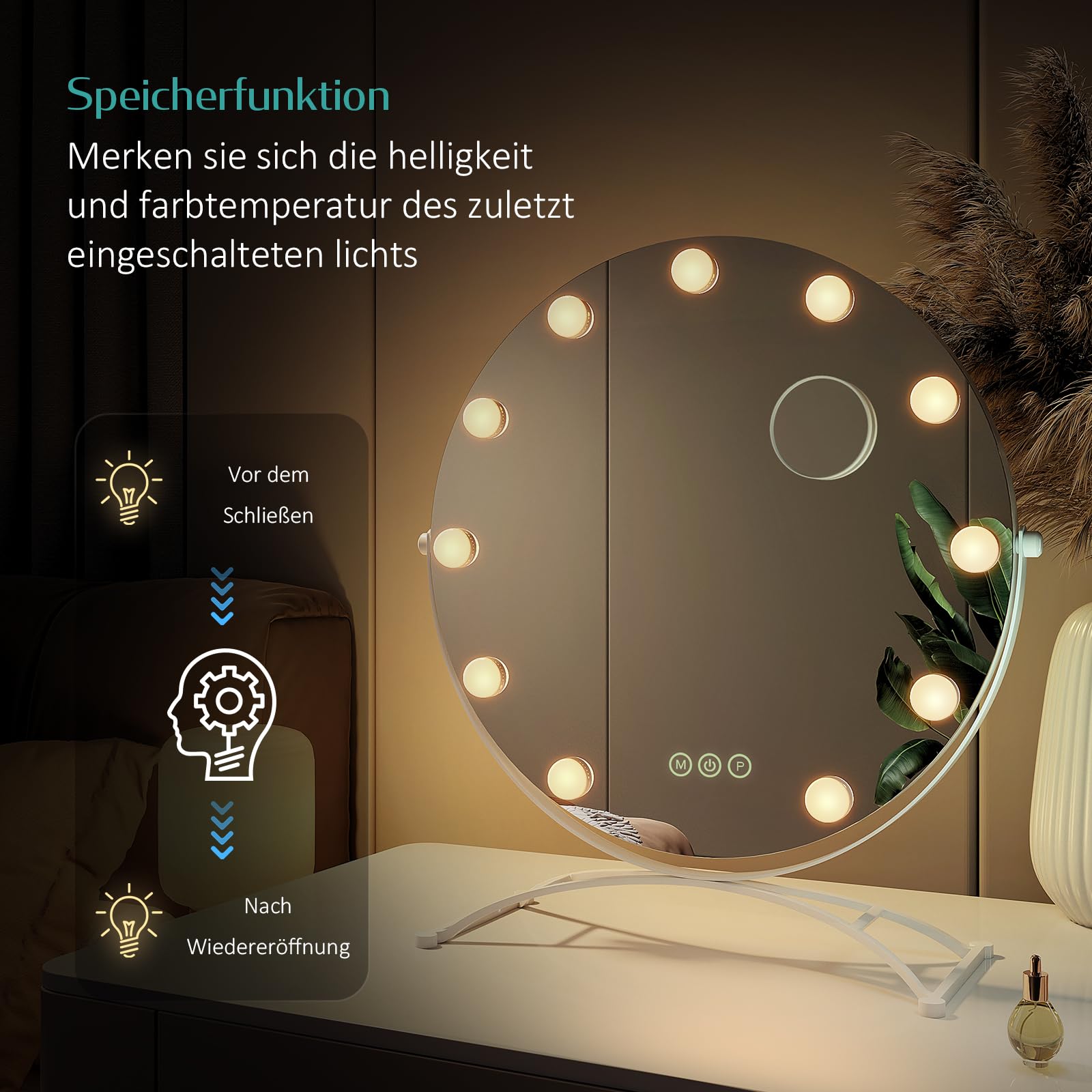 EMKE Hollywood Spiegel rund 50cm, Weiß, 3 Lichtfarben | Schminkspiegel mit Beleuchtung, 360 Grad drehbar, 9 LED Lampen, dimmbar, Speicherfunktion, Kosmetikspiegel für Schminktisch