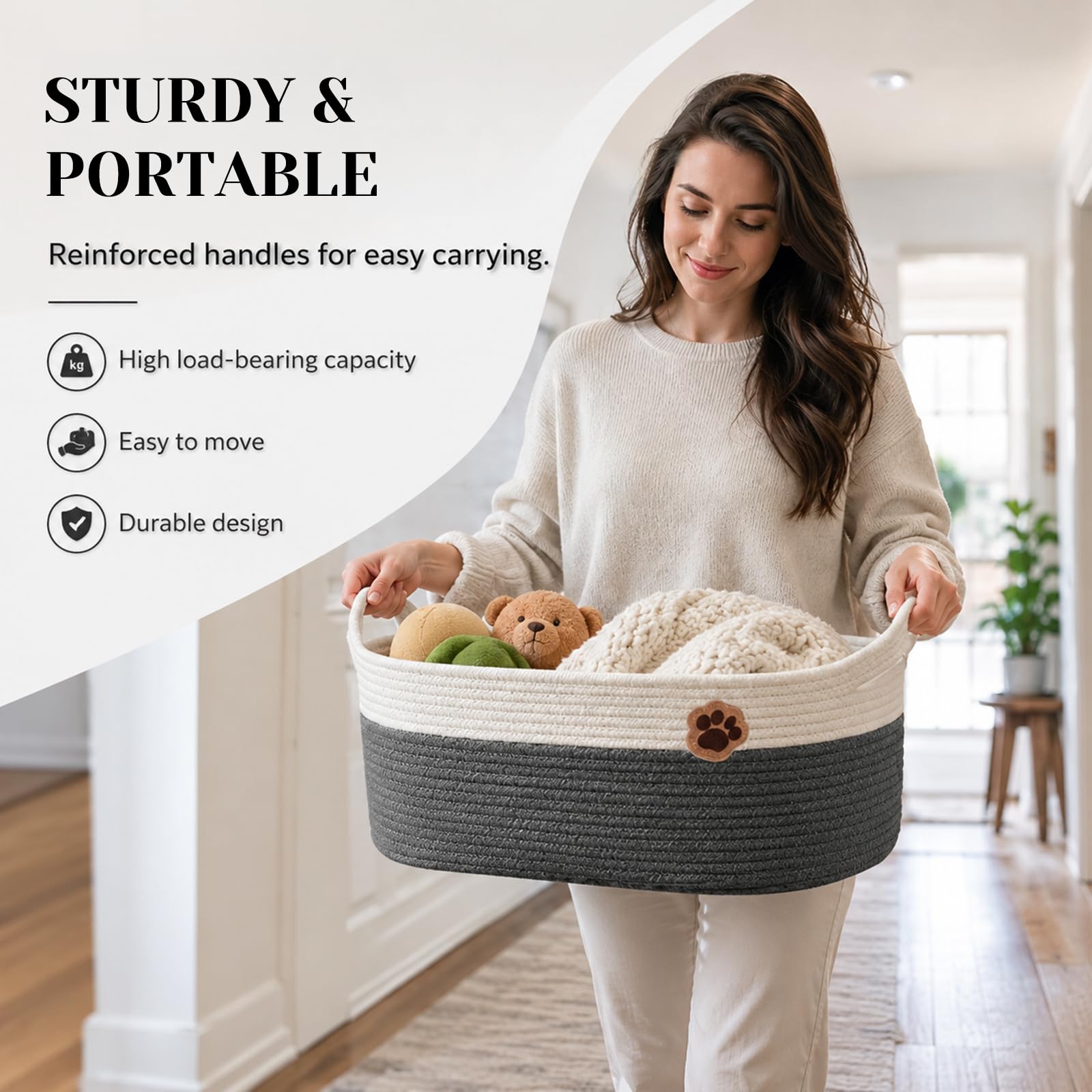 30L Cesto Intrecciato, Organizer per Accessori per Cani, Abbigliamento, Coperte E Casa, Contenitore per Biancheria in Tessuto con Manici 50×20×28 Cm Grigio