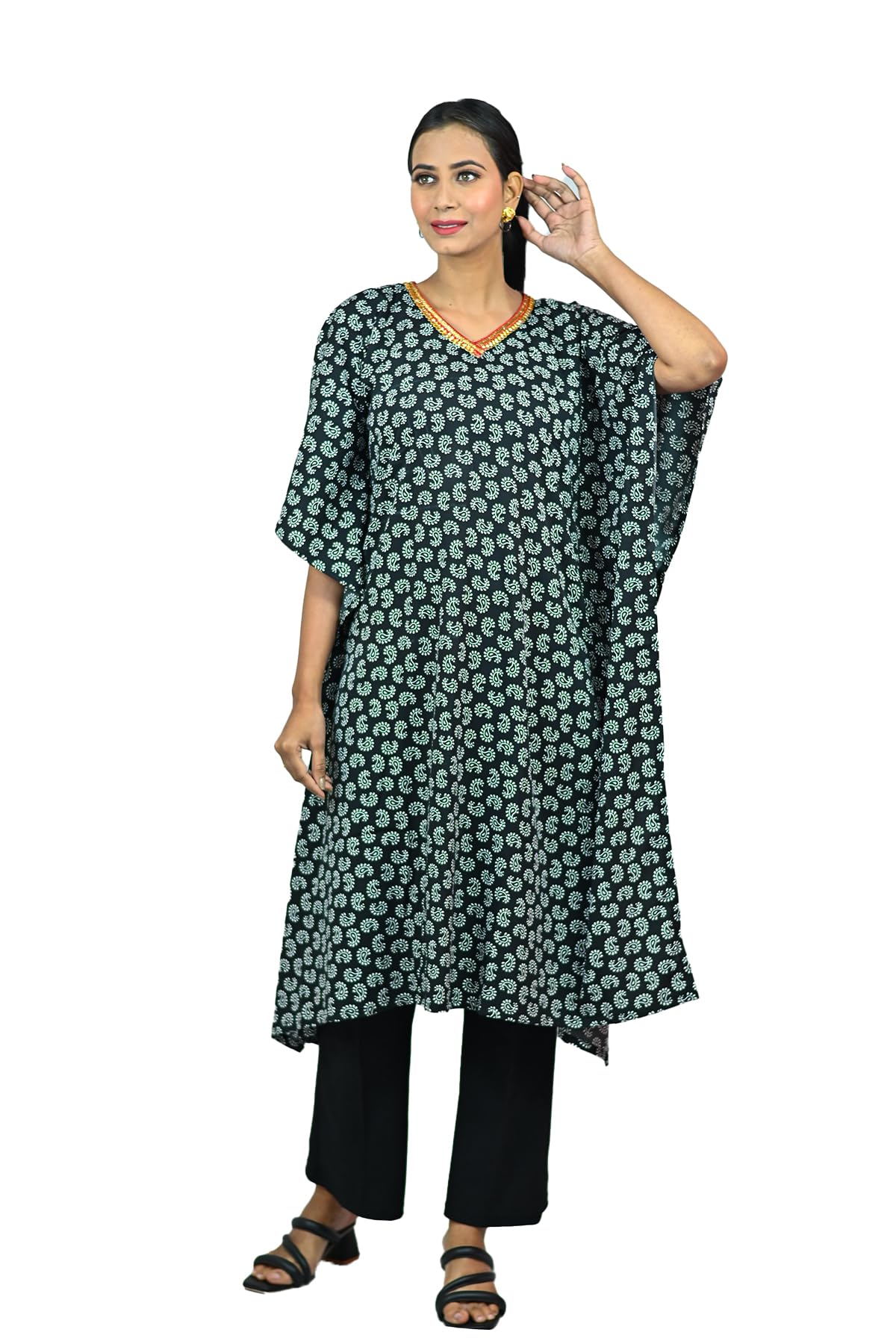 g.fidel Women's Crepe Long Kaftan Kurti, Black and White,-picture-18