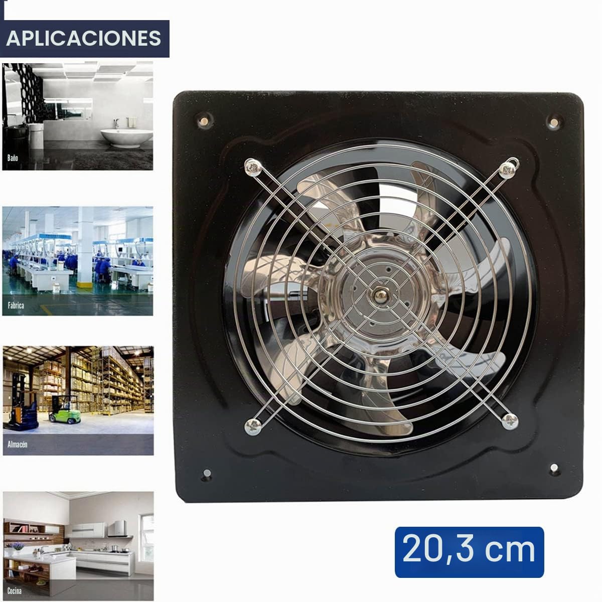 Ventilador axial de 80 W, 1250 m³/h, ventilador extractor de 200 mm, ventilador de metal industrial, para cocina y baño, para techo y pared, tamaño de placa: 250 x 250 mm