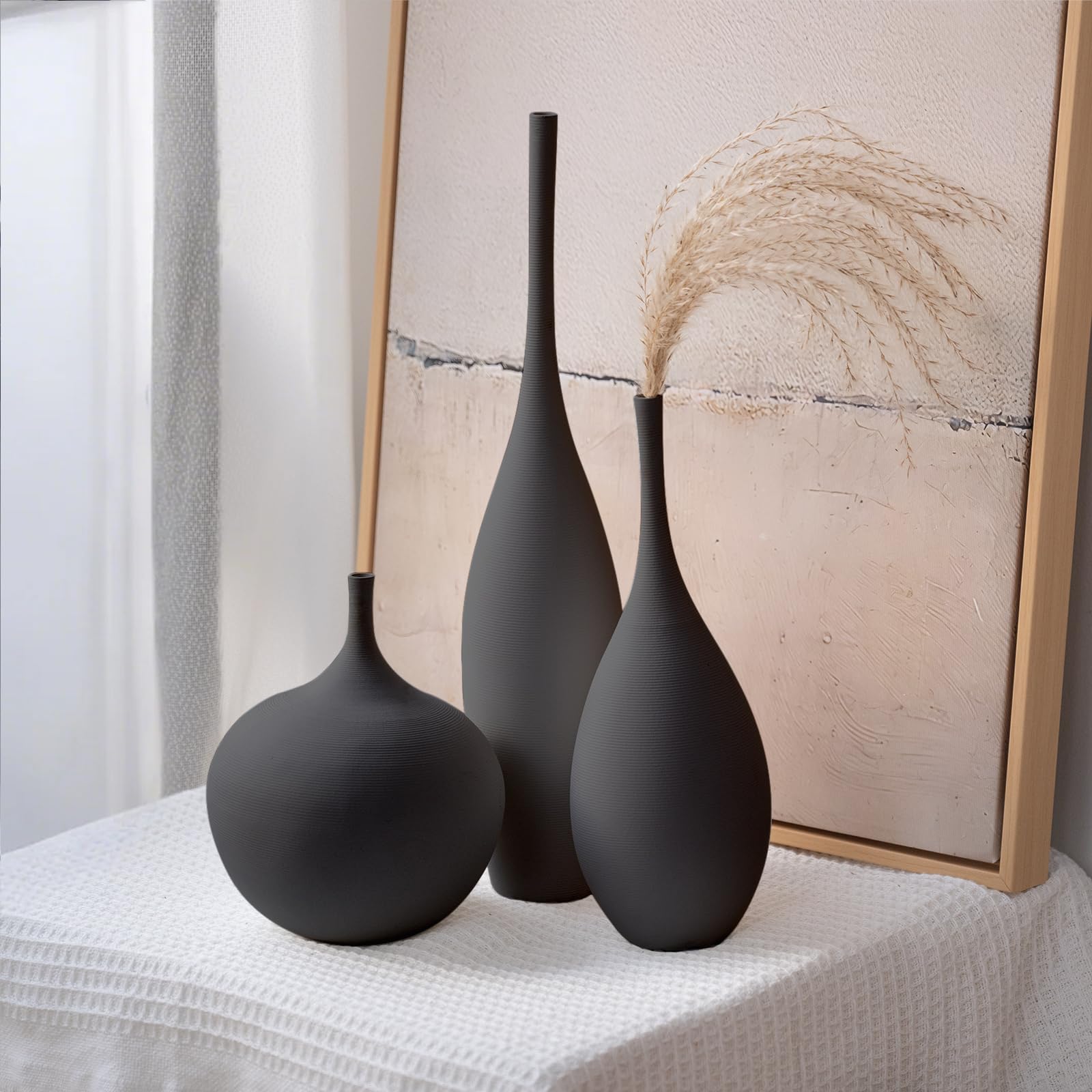 Relexome Vaso in Ceramica Nero Moderno Boho Wabi-Sabi Set di 3 Vasi Decorativi Estetici per Centrotavola Vasi Minimalisti Opachi per Soggiorno, Tavolo, Mensola, Decorazione della Casa, Regalo