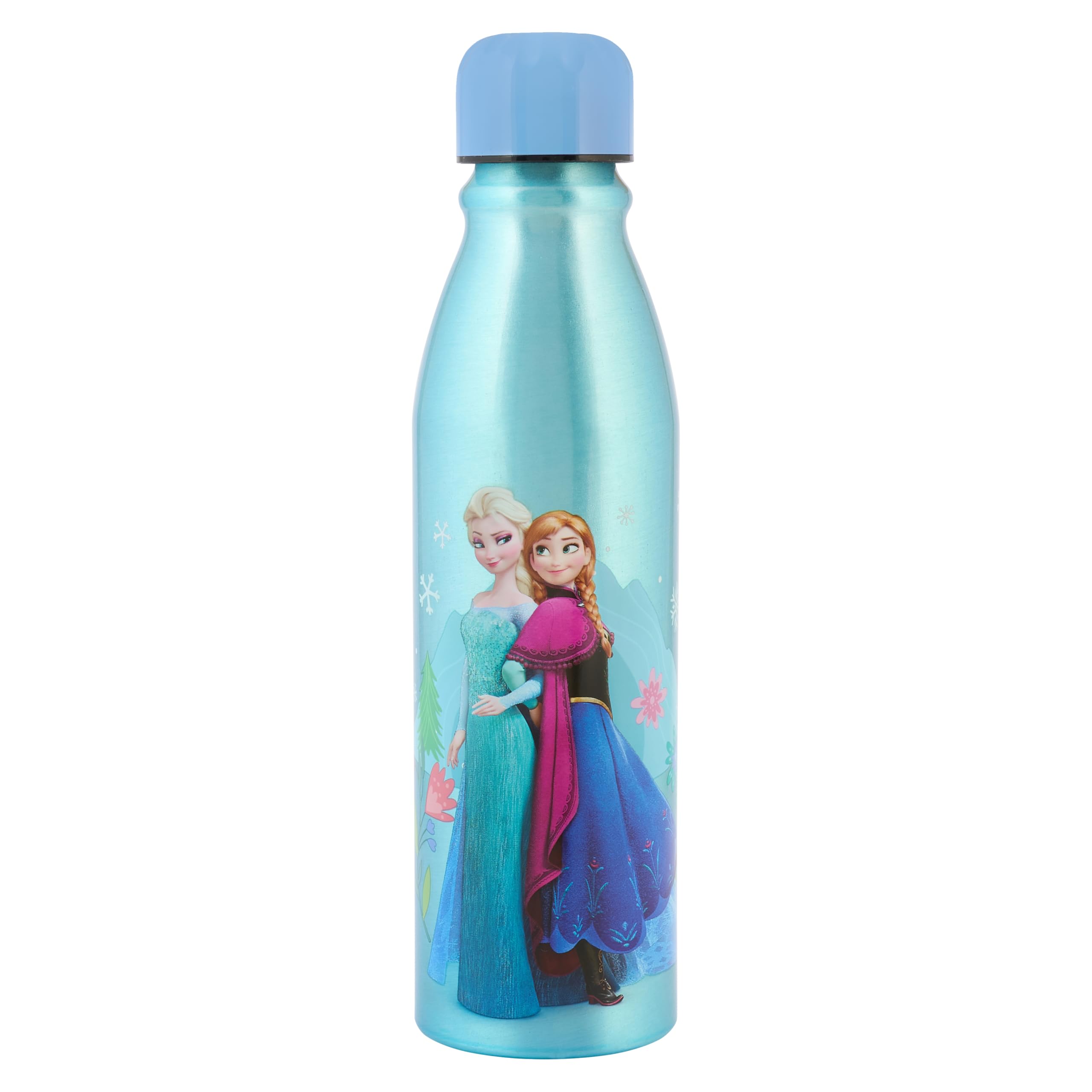 Disney Frozen Aluminium Water Bottle, Blue, 600ml, Reusable BPA Free, Soda Bottle Shape, Elsa and Anna Design