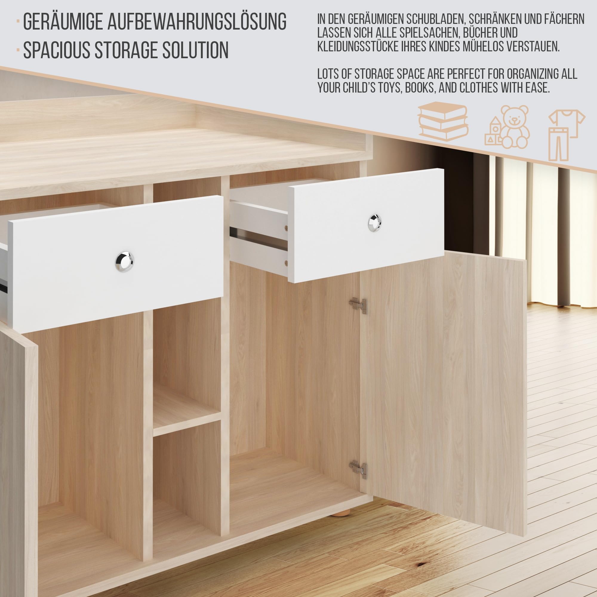 Infantastic® Cómoda Cambiador para Bebé - con 2 Cajones y Compartimentos Abierto y Cerrados, 90 x 69 x 92 cm, Roble/Haya - Cómoda Infantil, Organizador, Mueble para Habitación de los Niños (Haya)