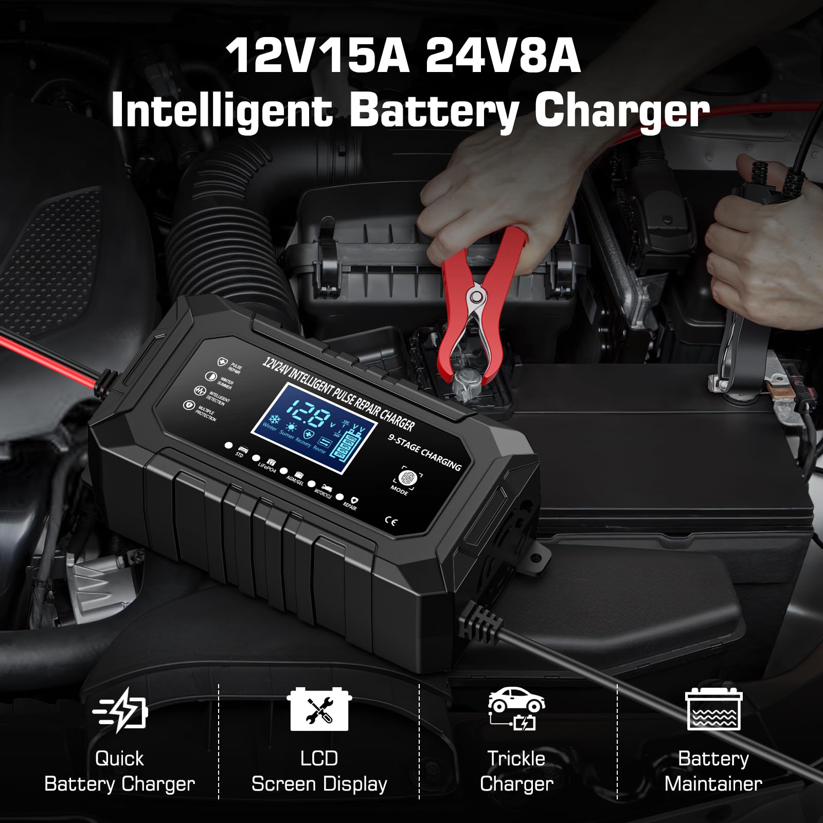 Husgw Ładowarka samochodowa 15A, przenośne ładowanie akumulatora samochodowego LiFePO4 12V/24 V, 9-stopniowa inteligentna ładowarka do konserwacji, wielokrotne zabezpieczenia, odpowiednia do samochodu