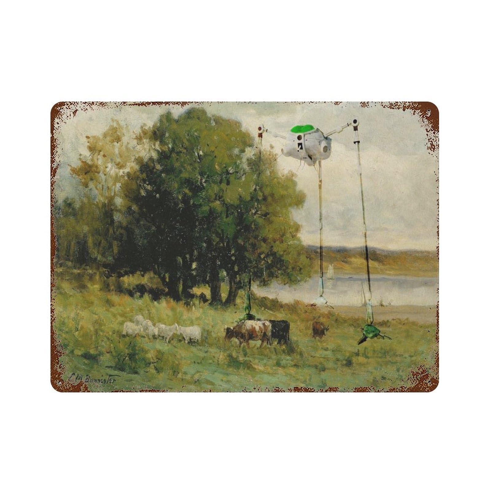 xiaoxiaoshen Retro Landscape Painting of Alien Abduction, Fun UFO Spaceship Wall Decor Art Metal Tin Poster Modern Home Decor Art Home Bar Shop Decorations Vintage Sign 30x40cm