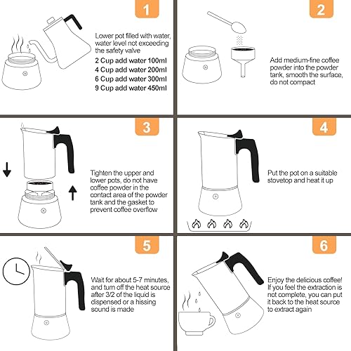 Miniatura 9 de Cafetera Moka Pot 304 sin recubrimiento de acero inoxidable espesado para estufa, cafetera de café expreso, estilo italiano, clásico, Greca, Café,